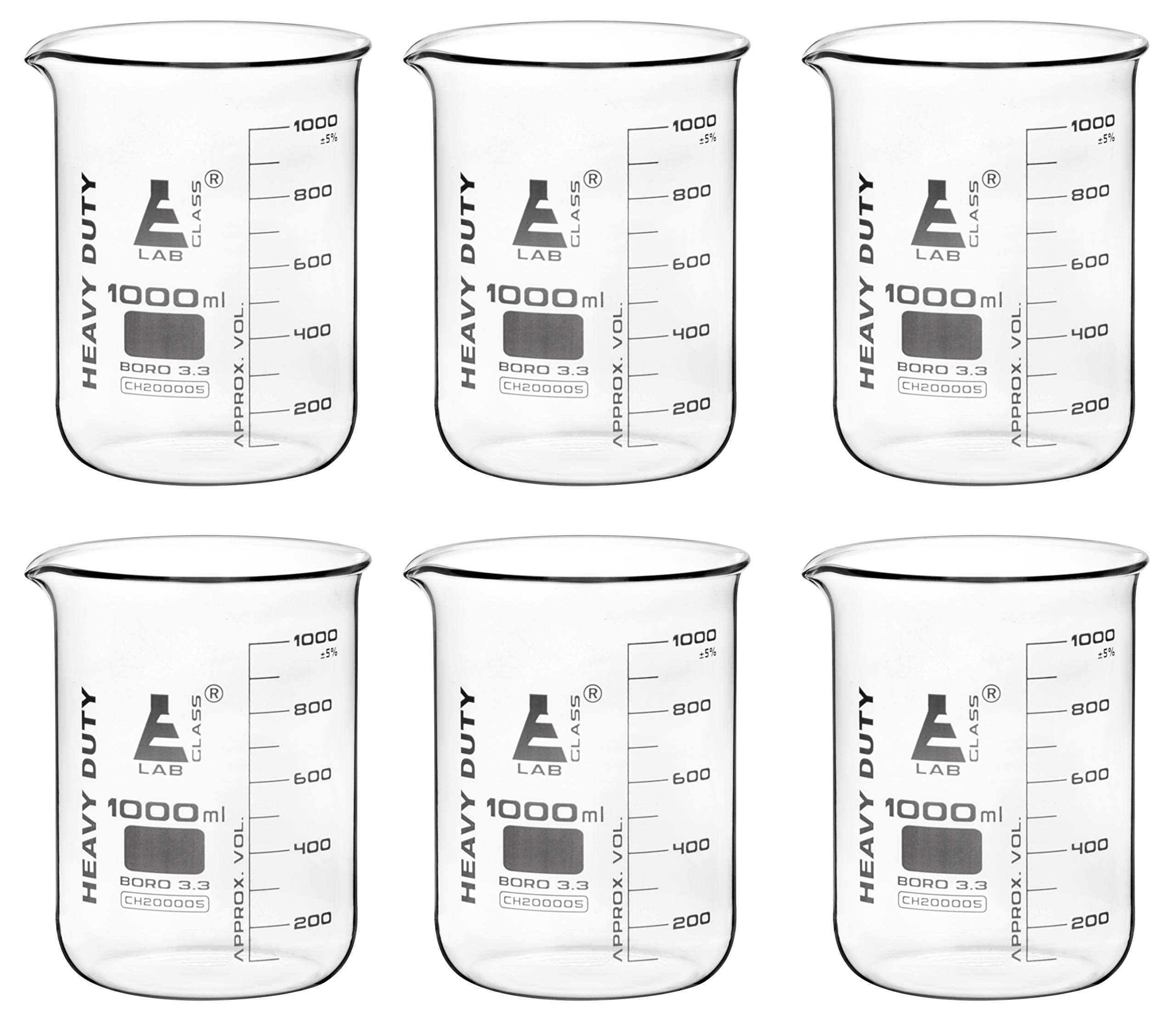Eisco Labs - Bicchiere resistente, 1000 ml, spessore 5 mm, pareti uniformi, durata superiore e resistenza chimica, graduazioni bianche, vetro borosilicato 3.3