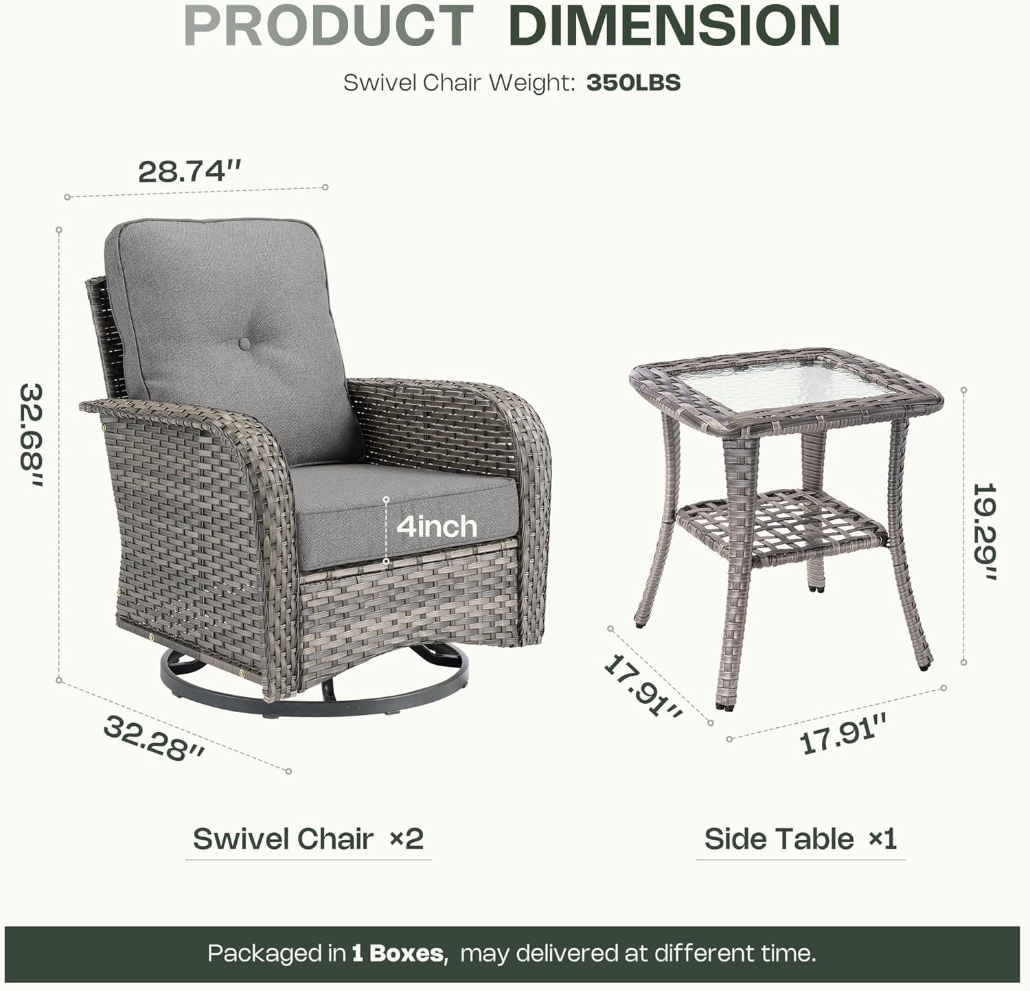 3-Piece Patio Furniture Set, Outdoor Wicker Furniture with Coffee Table, High Back Swivel Rocker Patio Chairs, Modern Rattan Outdoor Chairs Conversation Set for Porch, Balcony, Garden, Dark Gray