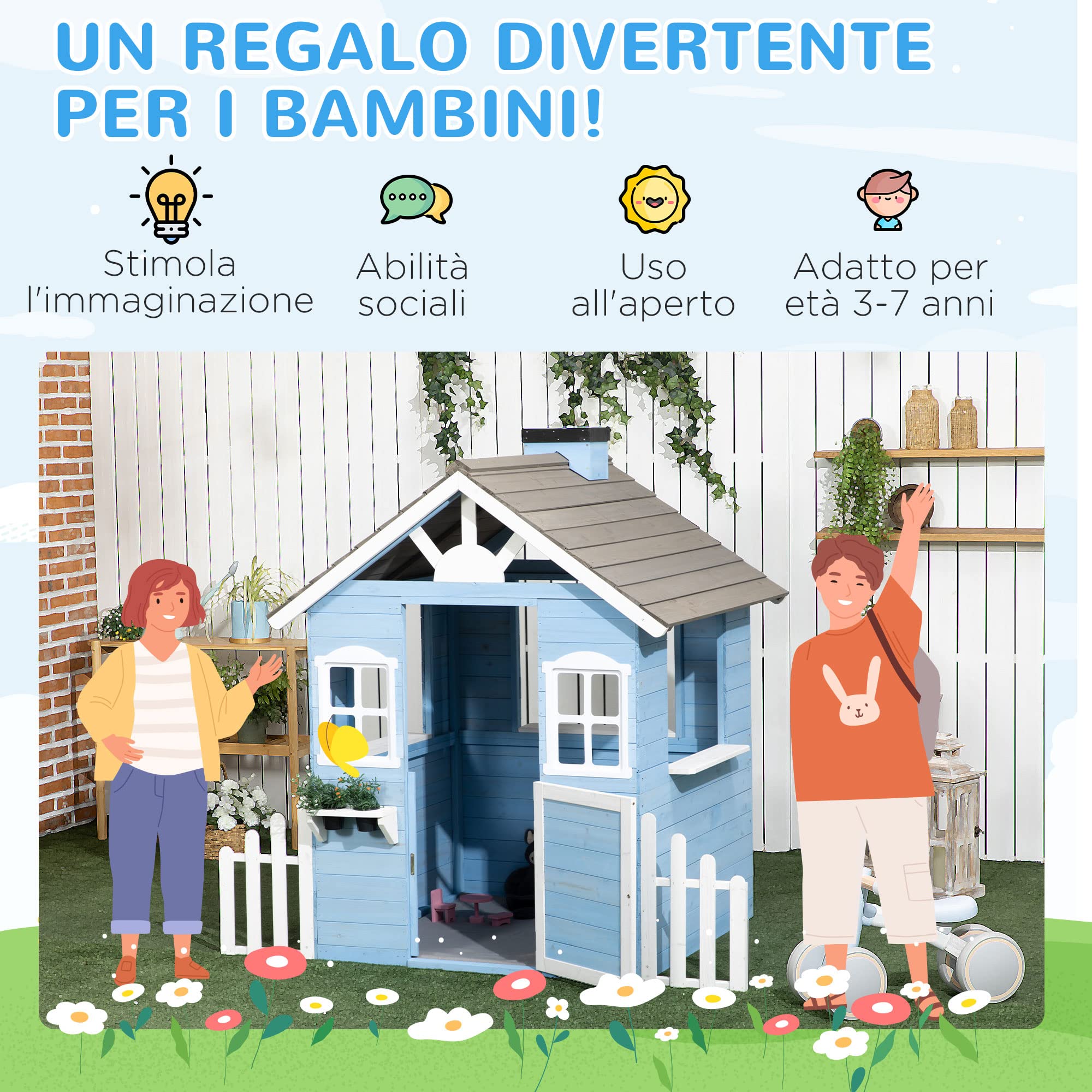 Outsunny Casa per Bimbi 3-7 Anni con Staccionata, Portavasi, Porta e Finestre, Casetta per Bambini in Legno di Abete, 151x112.5x142 cm, Blu