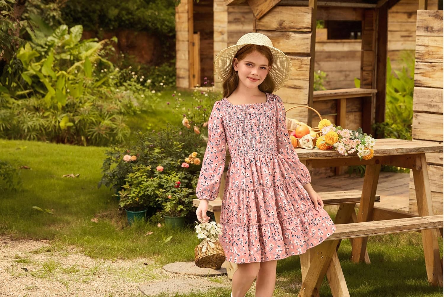 GRACE KARIN Girls Fall Long Sleeve Floral Square Neck Smock Tiered Casual Holiday Teen Dress Size 5-14 - Image 6