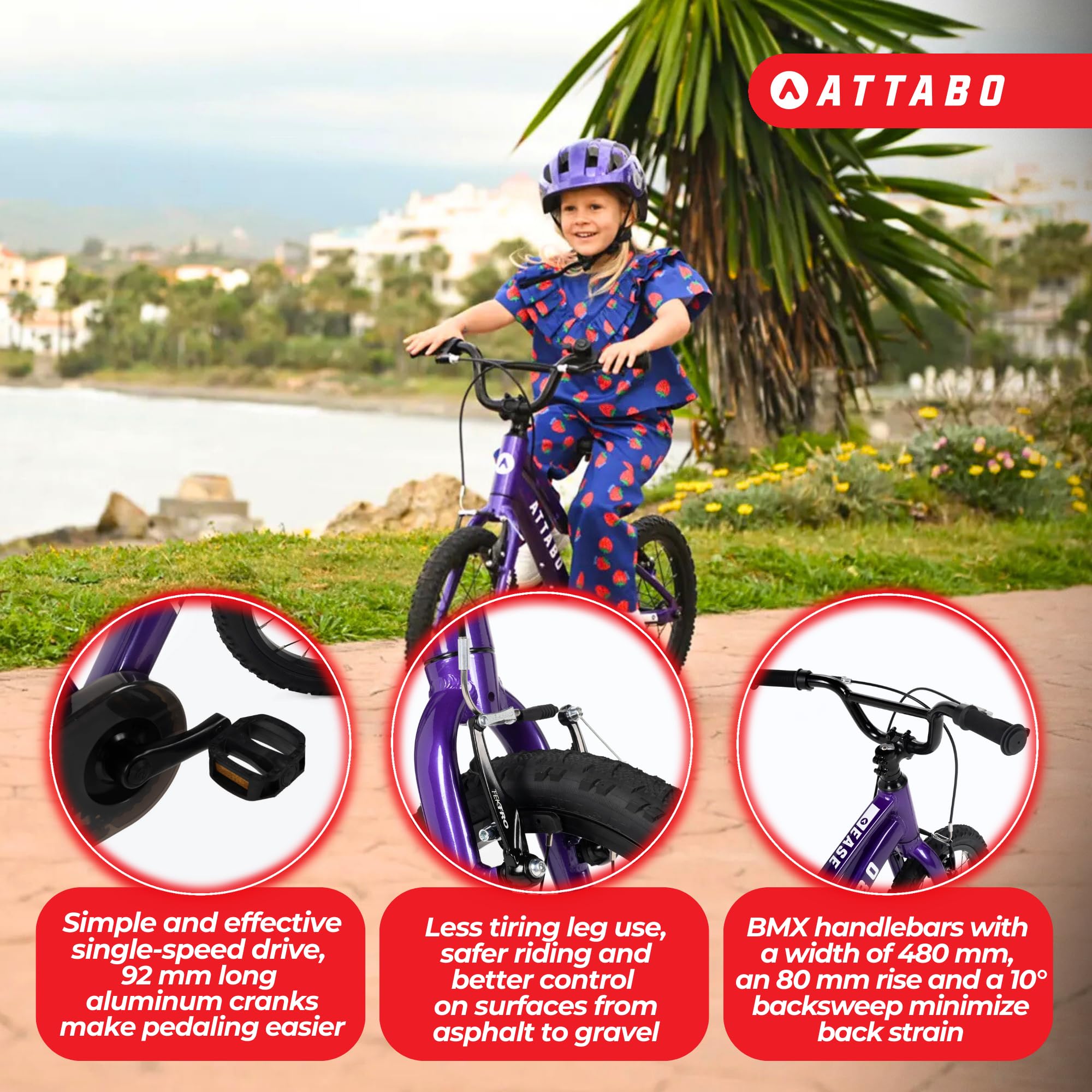 ATTABO Fahrrad Ease 16"" haltbares und ergonomisches Design mit geringem Überhang Ideal für Radfahranfänger Farbe Rot/Blau/Pink/Lila/Silber