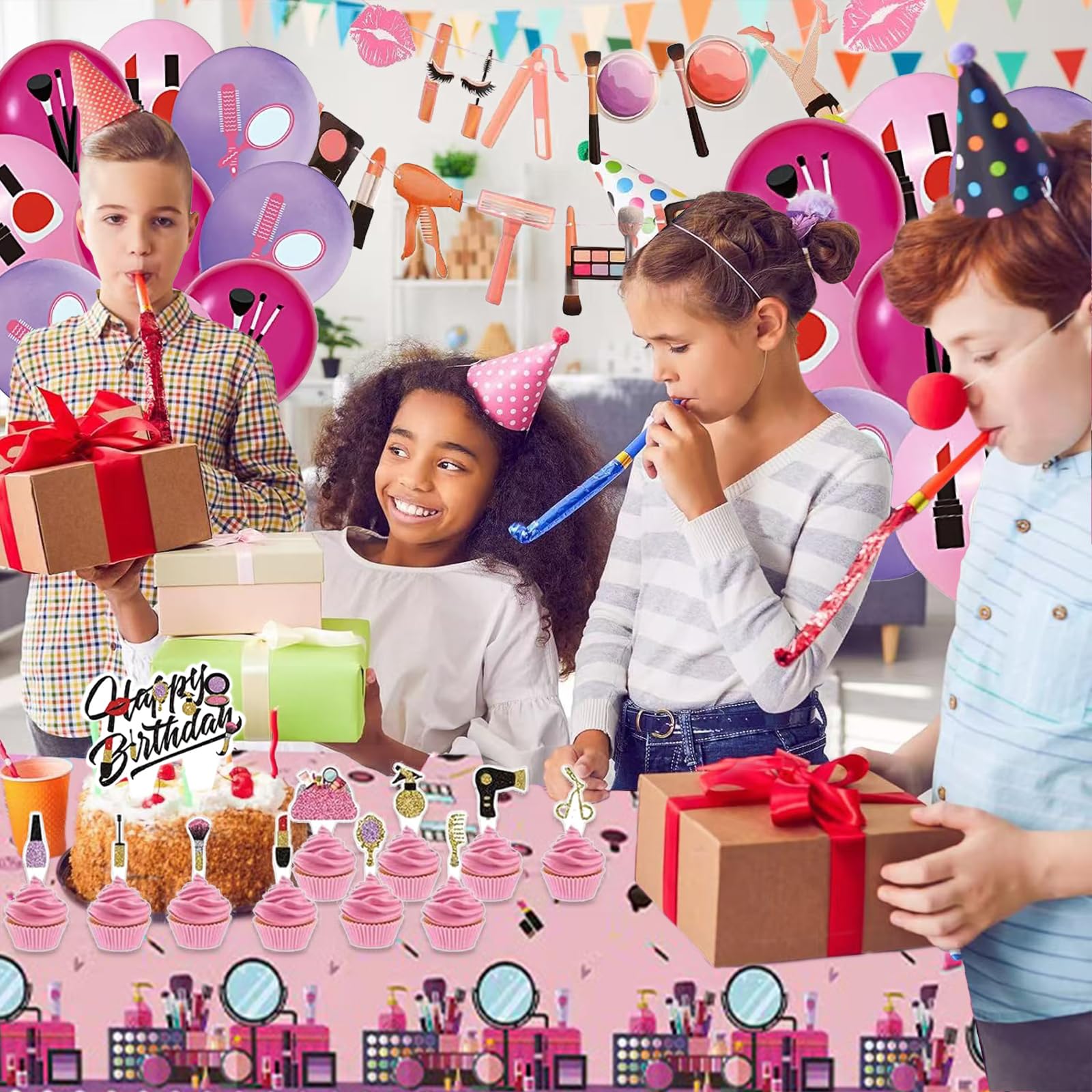 Make-up Geburtstagsdeko Set – 24-teilig Mit Banner, Ballons & Kuchen-Deko Für Spa-Partys & Mädelsabende