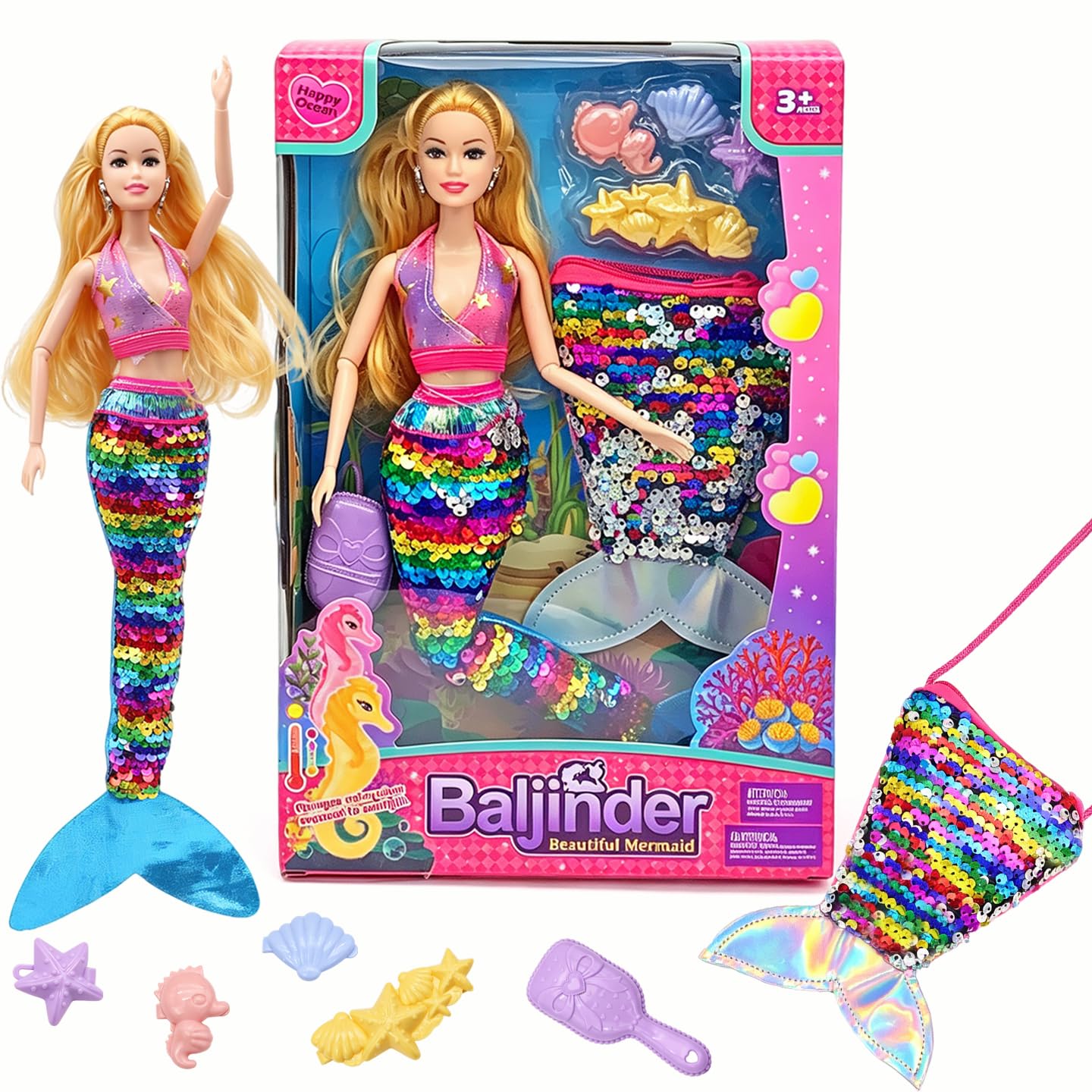 Mermaid Doll with Mermaid Purse| Brown Hair Princess Doll Playset with for Summer Water |…