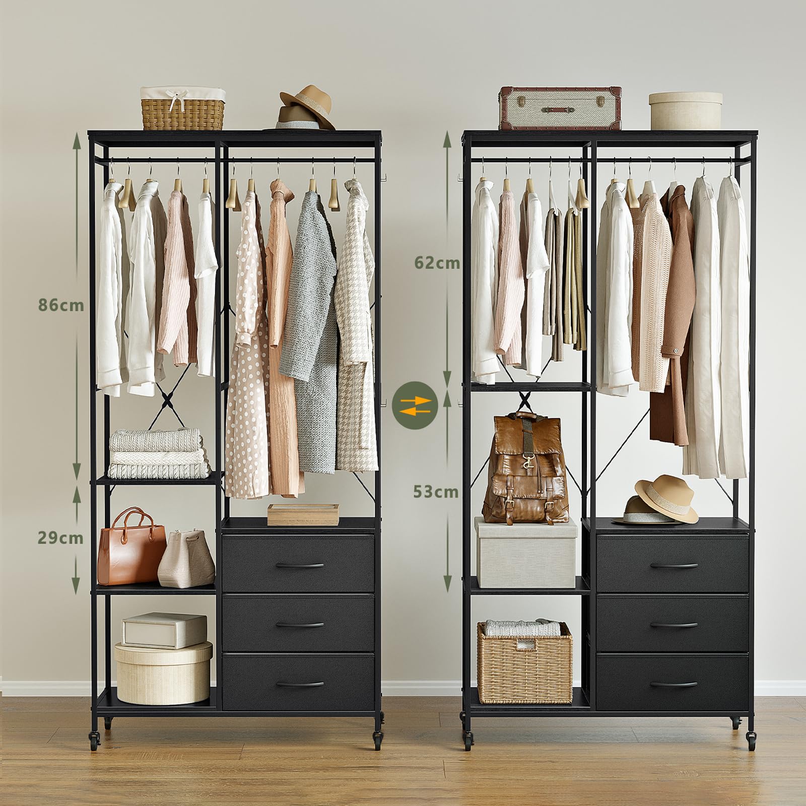 Appendiabiti con Cassetti, Stand Appendiabiti, Armadio Aperto, Guardaroba, Attaccapanni Moderno, Ripiani Regolabili, 4 Ganci, Nero