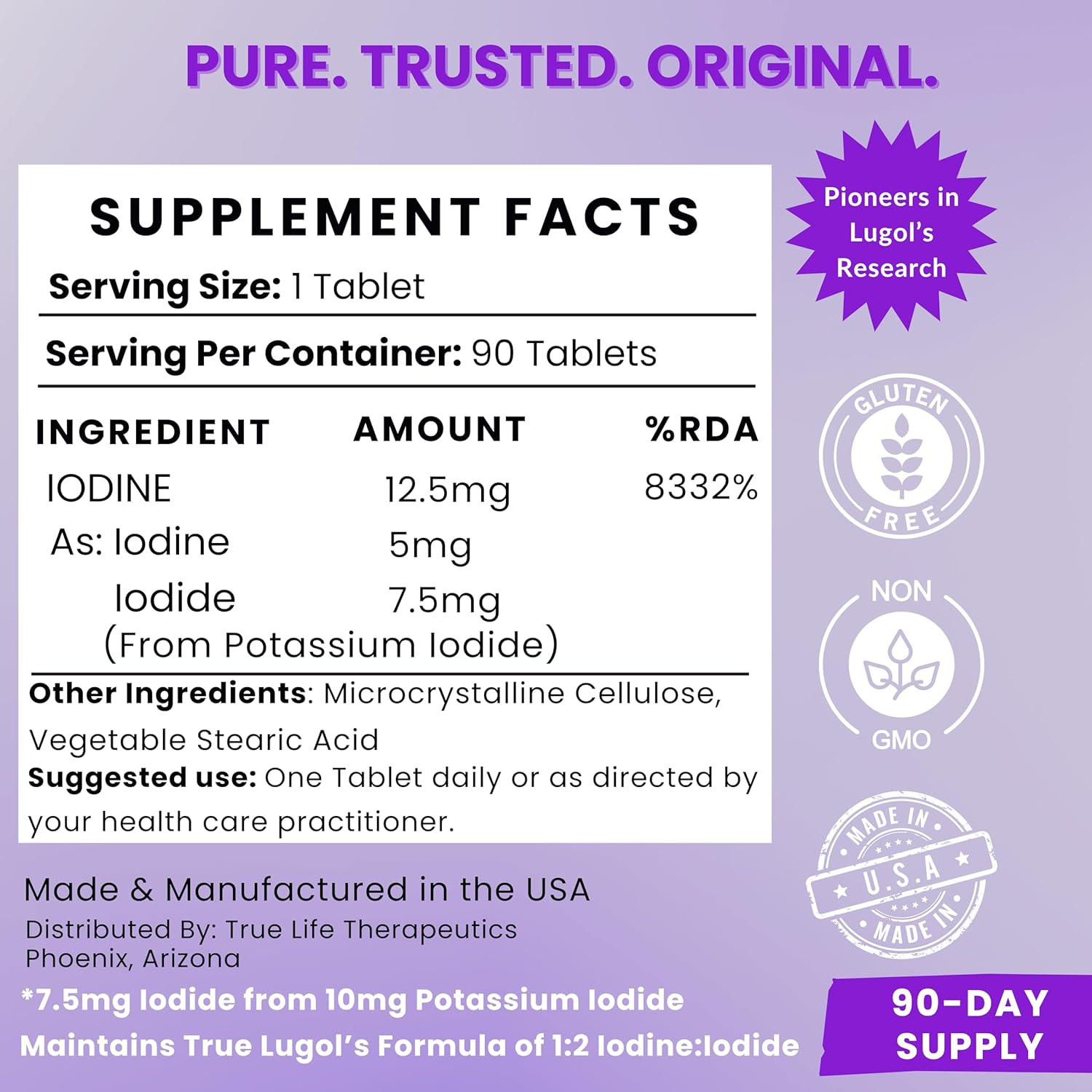 Lugol's Iodine Tablets 12.5mg x 90 ct - Reddish Brown Stable Iodine + Potassium Iodide Formula, Masks Bitter Liquid Taste, Thyroid Support, Detox, Breast Health - No Preservative, Non-GMO, Gluten-free - Image 7
