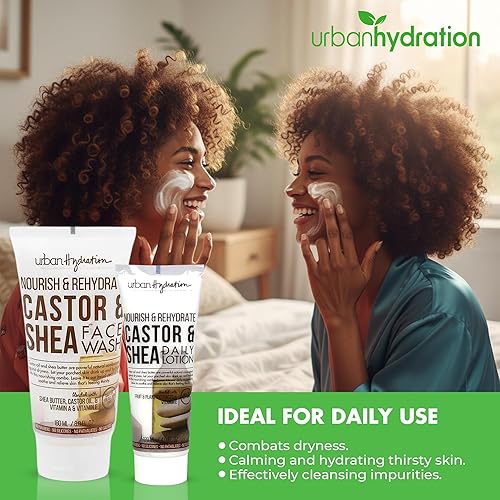 Miniatura 3 de Urban Hydration Castor and Shea - Limpiador facial y loción facial Duo Pack | Combate la piel seca, limpia, hidrata y unifica el tono de la piel,