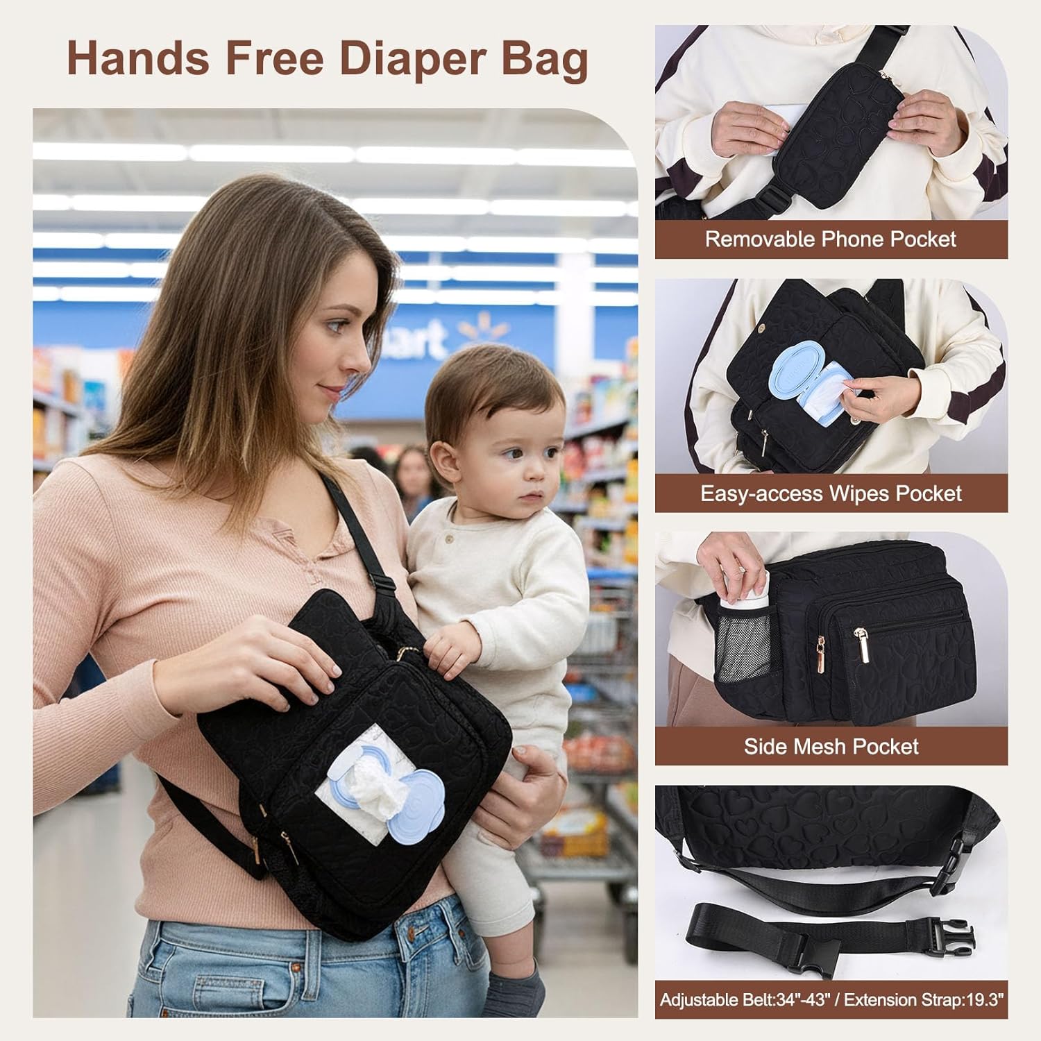 Rexmore Puffer Quilted Fanny Pack Diaper Bag for Mom - Women‘s Compact Crossbody Purse with Portable Changing Pad & Wipes Pouch, Travel & Quick Errand Baby Essentials Organizer(Black) - Image 2