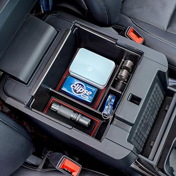 TOPINSTALL 2020-2025 Ford Explorer Console Organizer Tray - Compatible with 2020-2025 Ford Explorer Deep Armrest Storage Box with Coin Holder & Non-Slip Mats, Red Interior 6th Gen Explorer Accessories