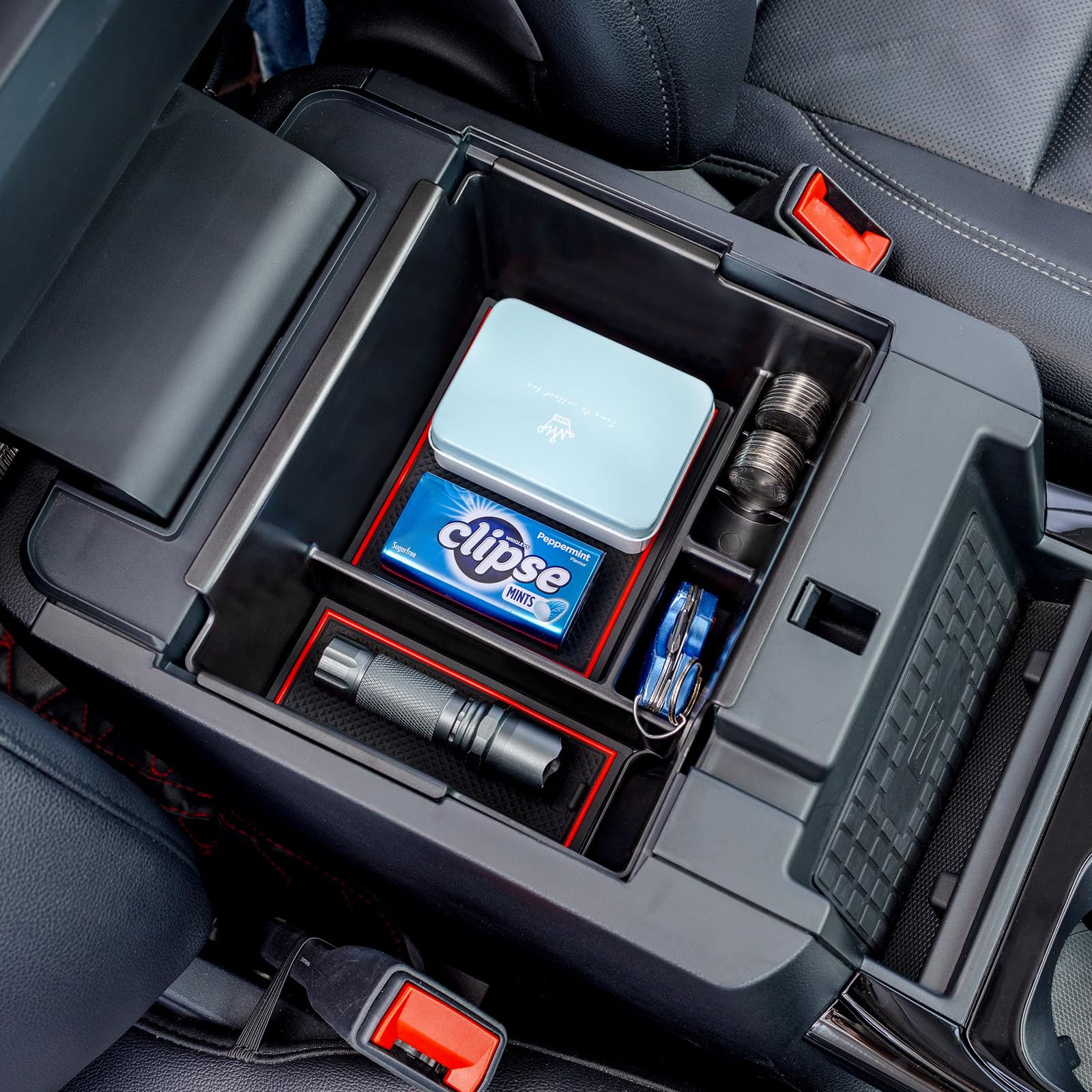 TOPINSTALL 2020-2025 Ford Explorer Console Organizer Tray - Compatible with 2020-2025 Ford Explorer Deep Armrest Storage Box with Coin Holder & Non-Slip Mats, Red Interior 6th Gen Explorer Accessories