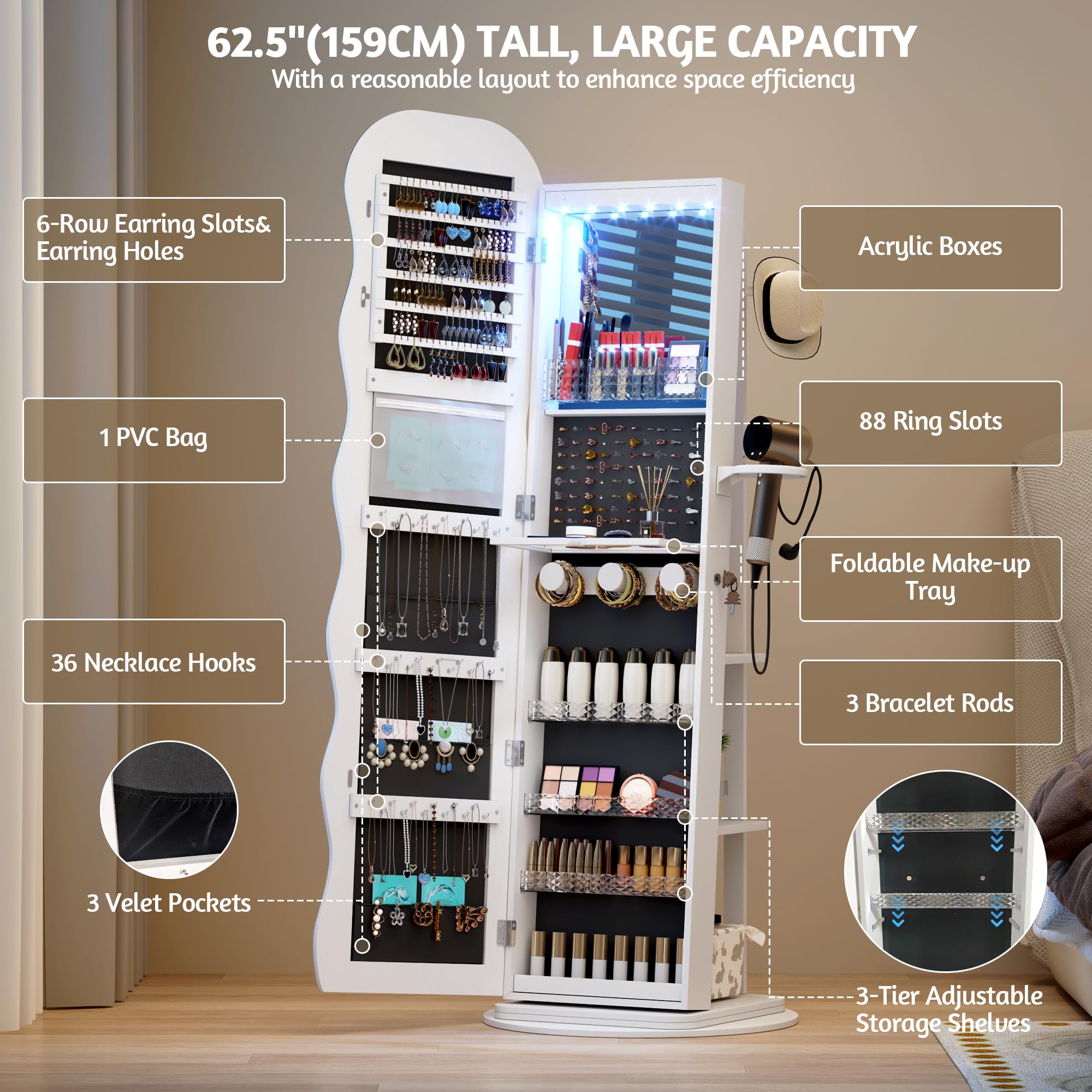 LVSOMT LED Schmuckschrank mit Gewellt Spiegel, 360° Drehbarer Schmuckschrank Abschließbar, Bogen Spiegelschrank Stehend Wohnzimmer Schlafzimmer, 3 Stufiges Regal & 3 Häkchen, Geschenke für Damen, Weiß