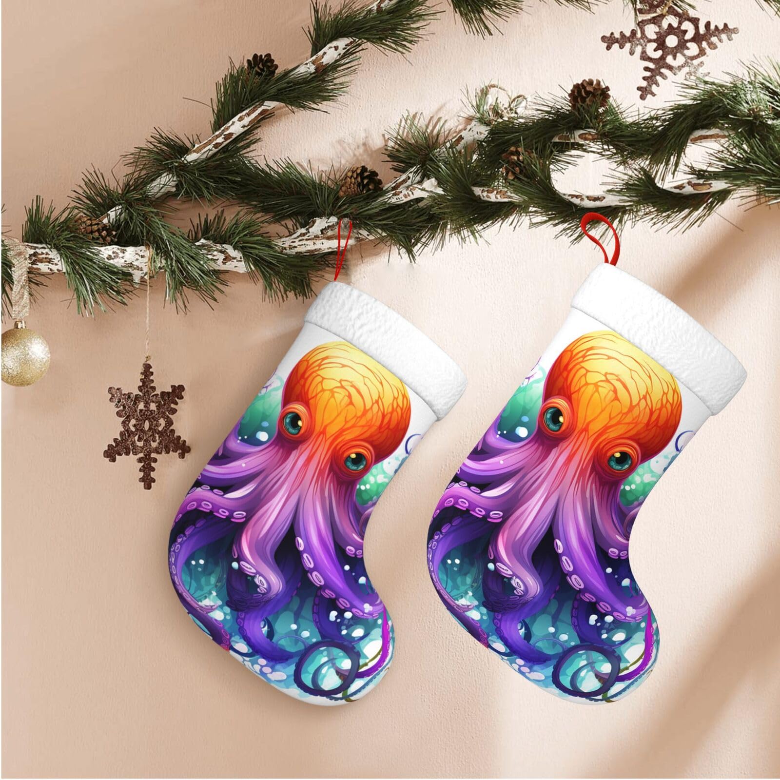 17.7" Christmas Stocking 1 Piece, Colorful Octopus Xmas Stockings with White Plush Cuff Fireplace Hanging Stocking for Christmas Holiday Party Decoration