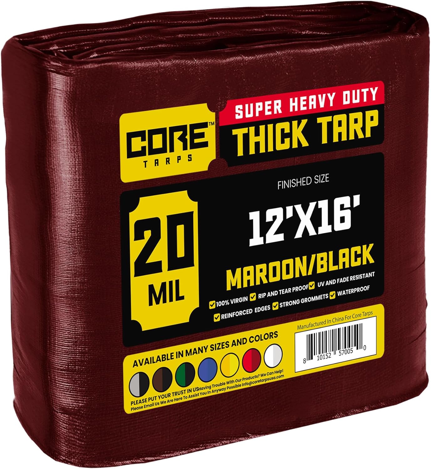 Core Tarps Extreme Heavy Duty 20 Mil Tarp Cover, Waterproof, UV Resistant, Rip and Tear Proof, Poly Tarpaulin with Reinforced Edges for Roof, Camping, Patio, Pool, Boat (Maroon/Black 12 X 16)