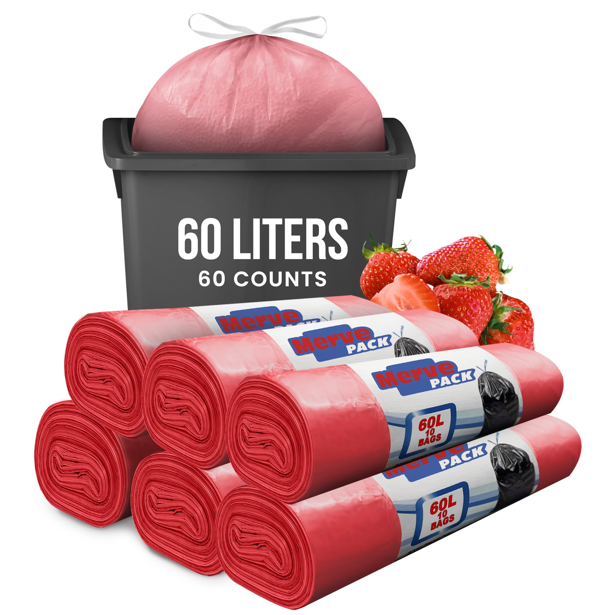 60L Strawberry Scented Bin Bags, Waste Bags, Set 6 Rolls Counts 60 bags, Swing Bin Liners with Drawstrings Trash Bags for Indoor and Outdoor Use, Office, and Kicthen Bin Liners