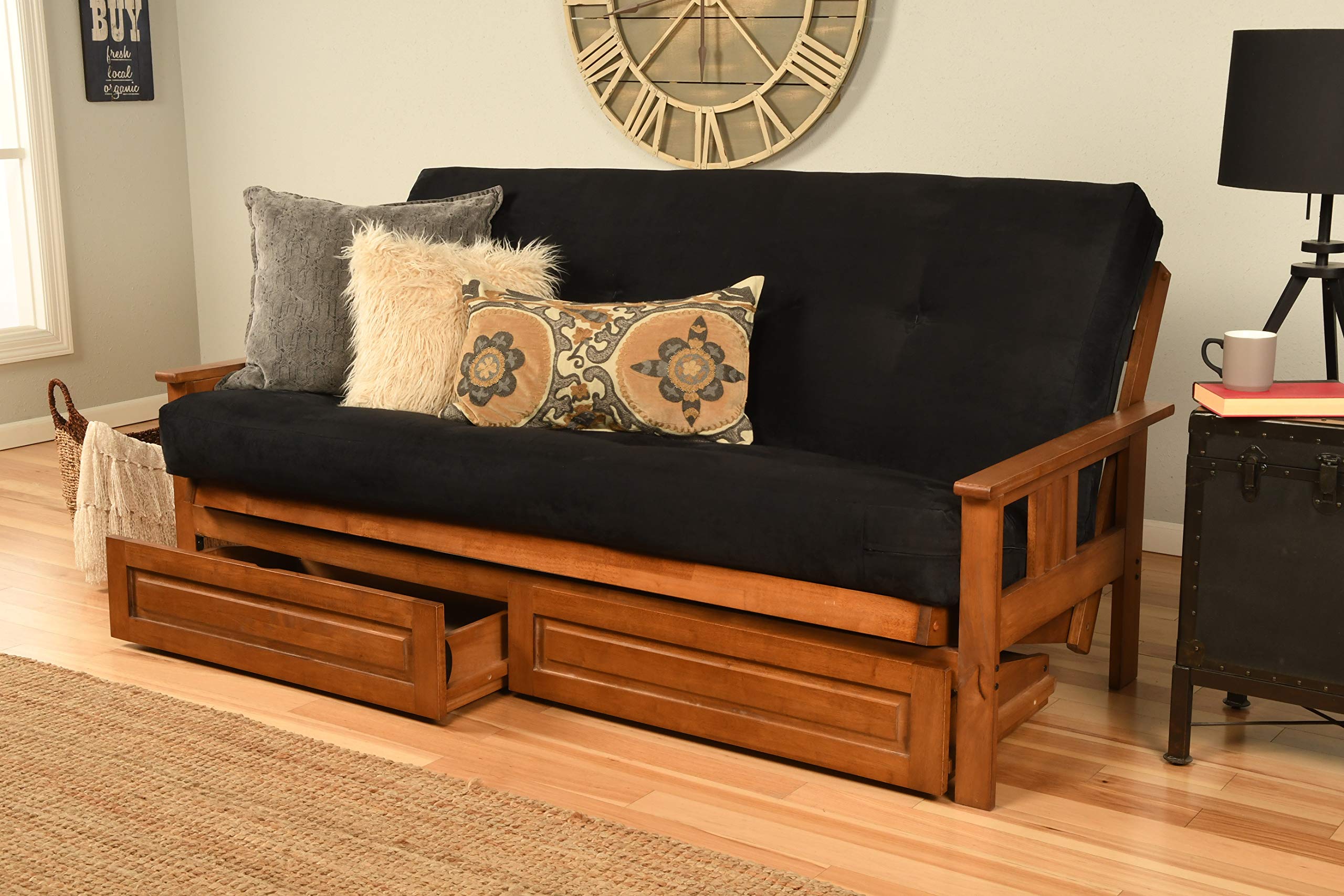 Kodiak Furniture Monterey Futon Set with Storage Drawers, with Barbados Base and Suede Black Mattress