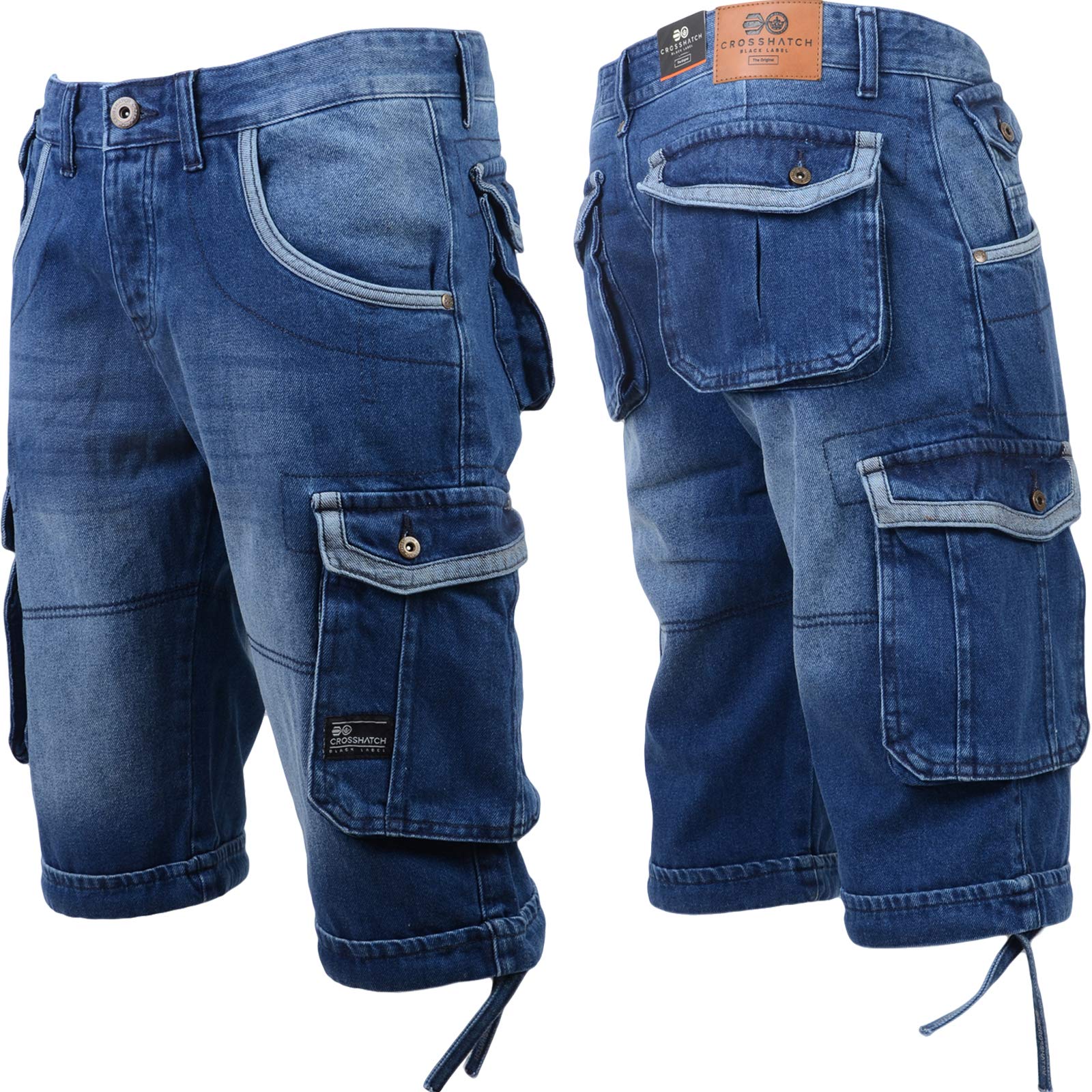 Crosshatch Men's Mid / New Berg Designer Cargo Knee Length Regular Fit Denim Jean Shorts (Mid/New Berg, 34)