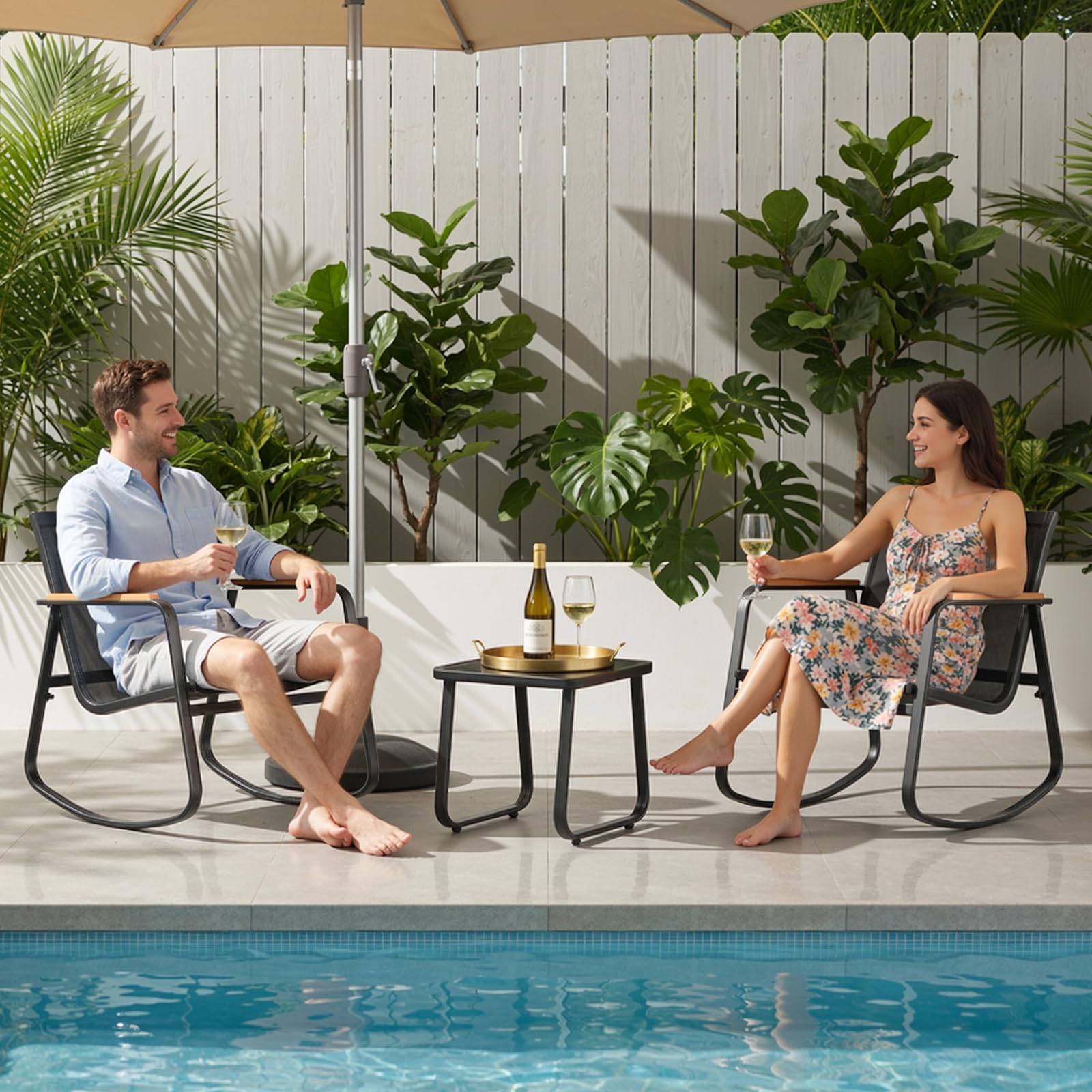 Xbro Salotto da Giardino 3 Pezzi con 2 Poltrone Oscillanti e Tavolino in Vetro Temperato, Set da Esterno in Textilene con Braccioli in WPC, Mobili per Balcone Terrazza Cortile Piscina, Nero