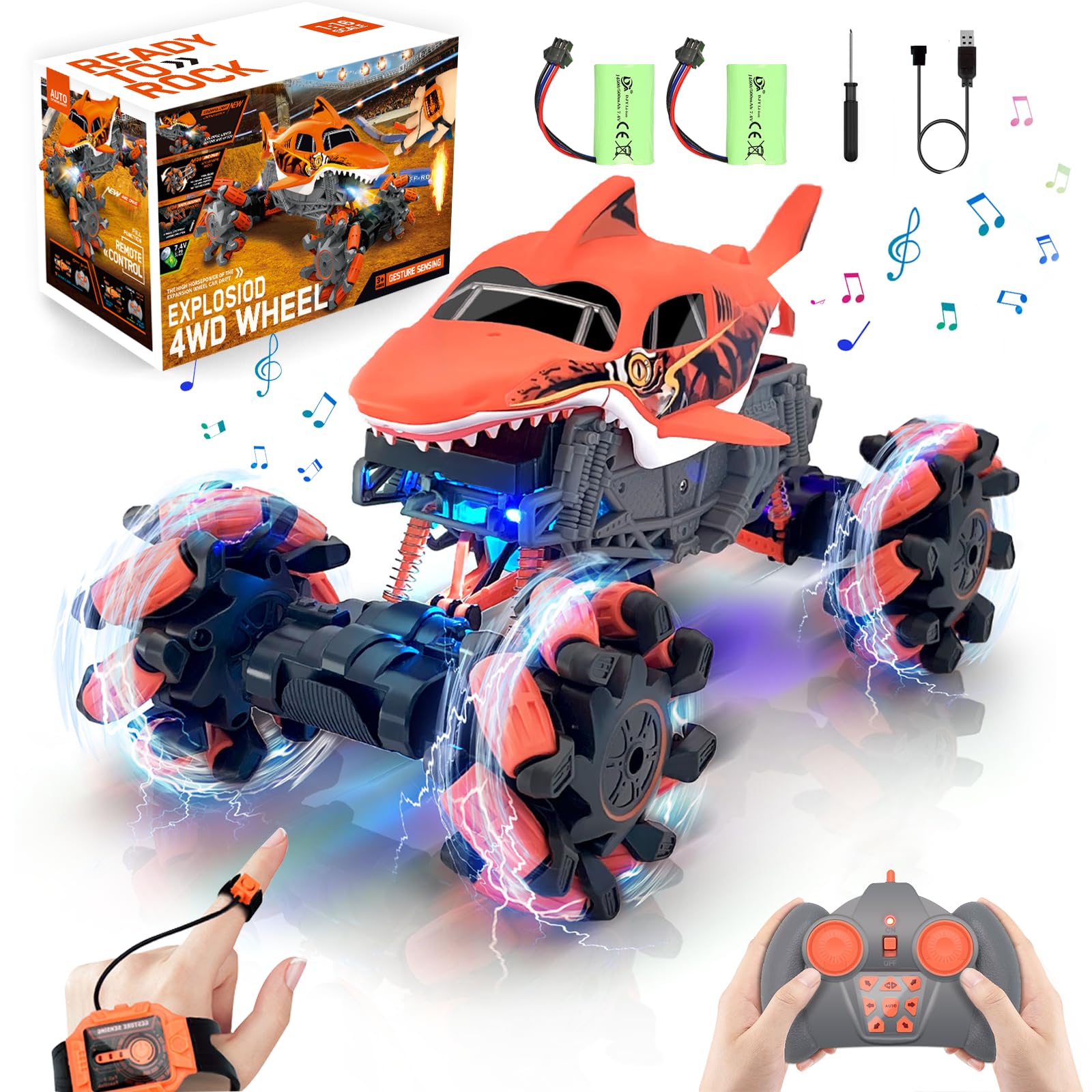 Remote Control Car, Shark Monster Truck with Gesture Sensor, 1:16 30km/h Off-Road Rc Cars, 360°Rotation All Terrain 2.4Ghz 4WD Truck Toy Gift for Boys Girls 3+ Years