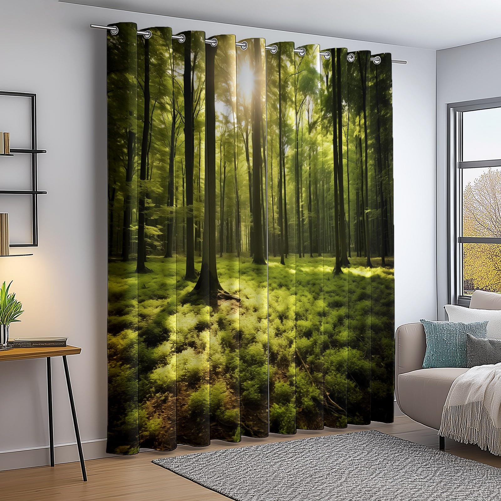 Generisch Vorhänge Natürliche Landschaft Gardinen Verdunkelung Blickdicht mit Ösen für Schlafzimmer H 245 x B 100 cm (2er Pack), Wald Wiese Sonne Bedruckte ThermoVorhang für Wohnzimmer