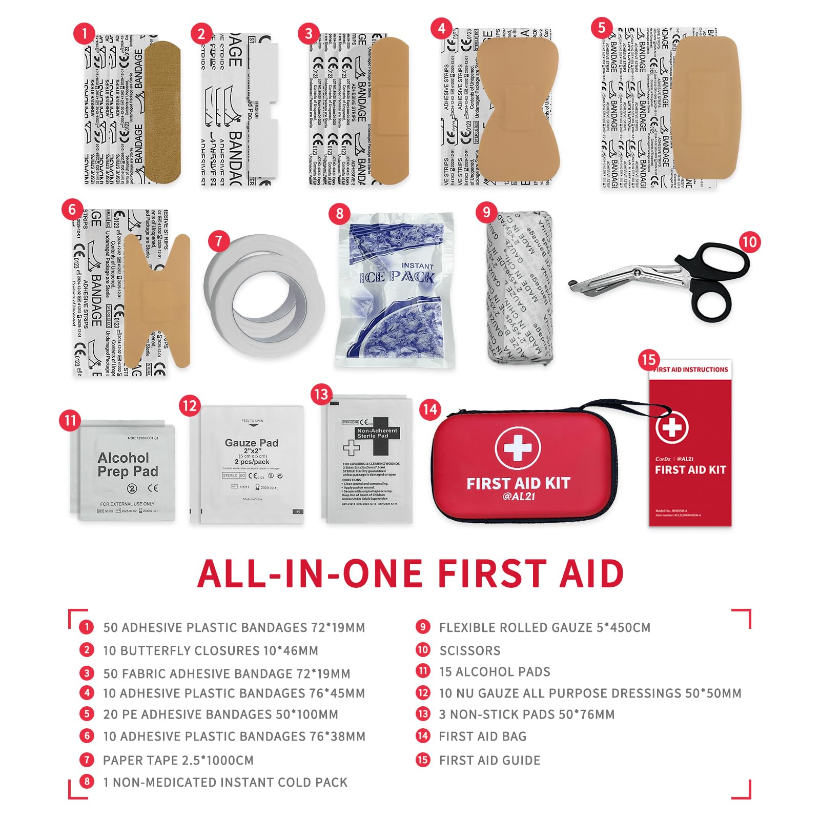 @AL21 Kit de primeros auxilios multiusos, 184 piezas, kit de emergencia para el hogar, viajes, coche, negocios, lugar de trabajo y oficina, suministros de emergencia portátiles para cortes menores