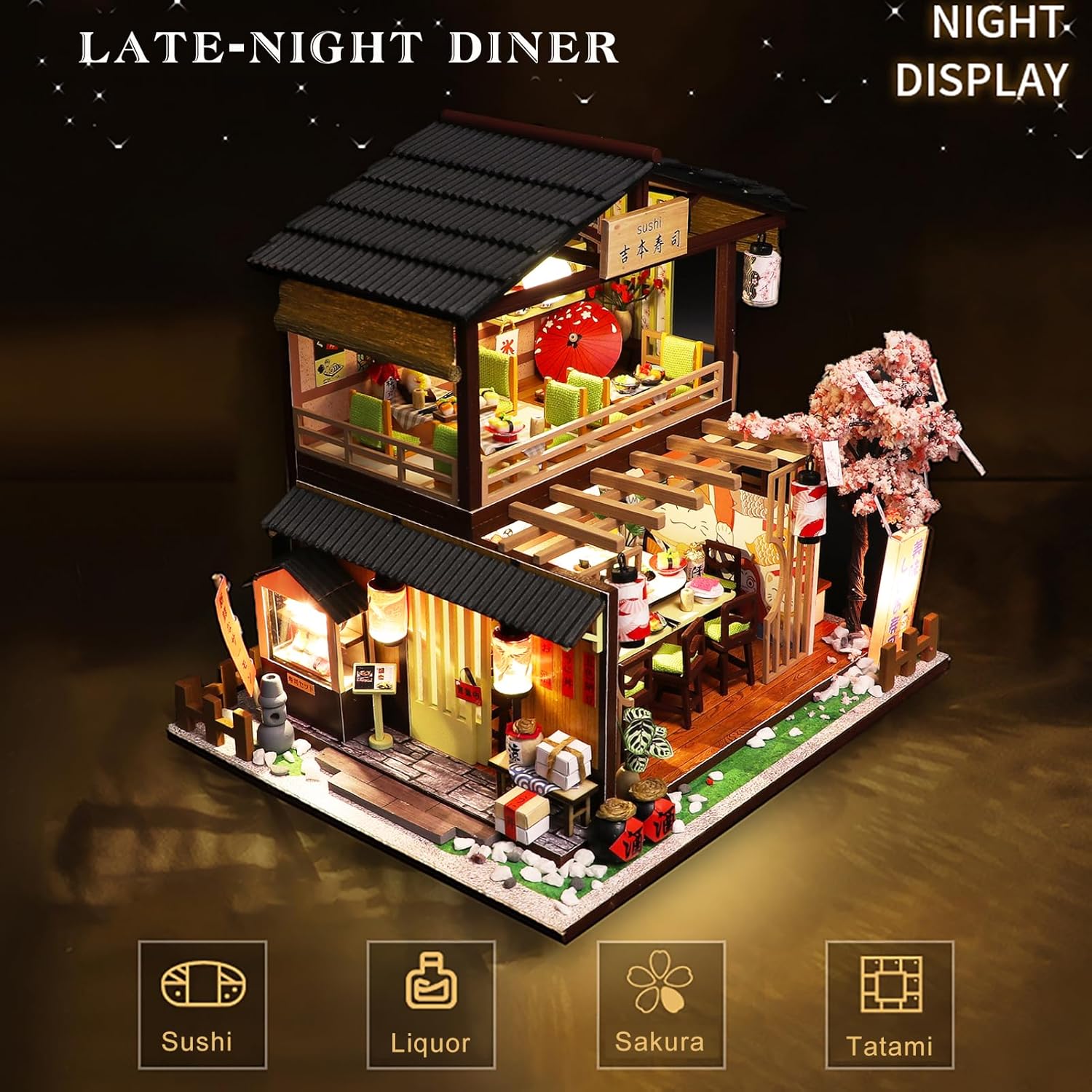 The Spilay Gibon Sushi dollhouse illuminated at night, showcasing the warm glow from inside the restaurant and the exterior lanterns, highlighting the detailed interior and exterior elements.