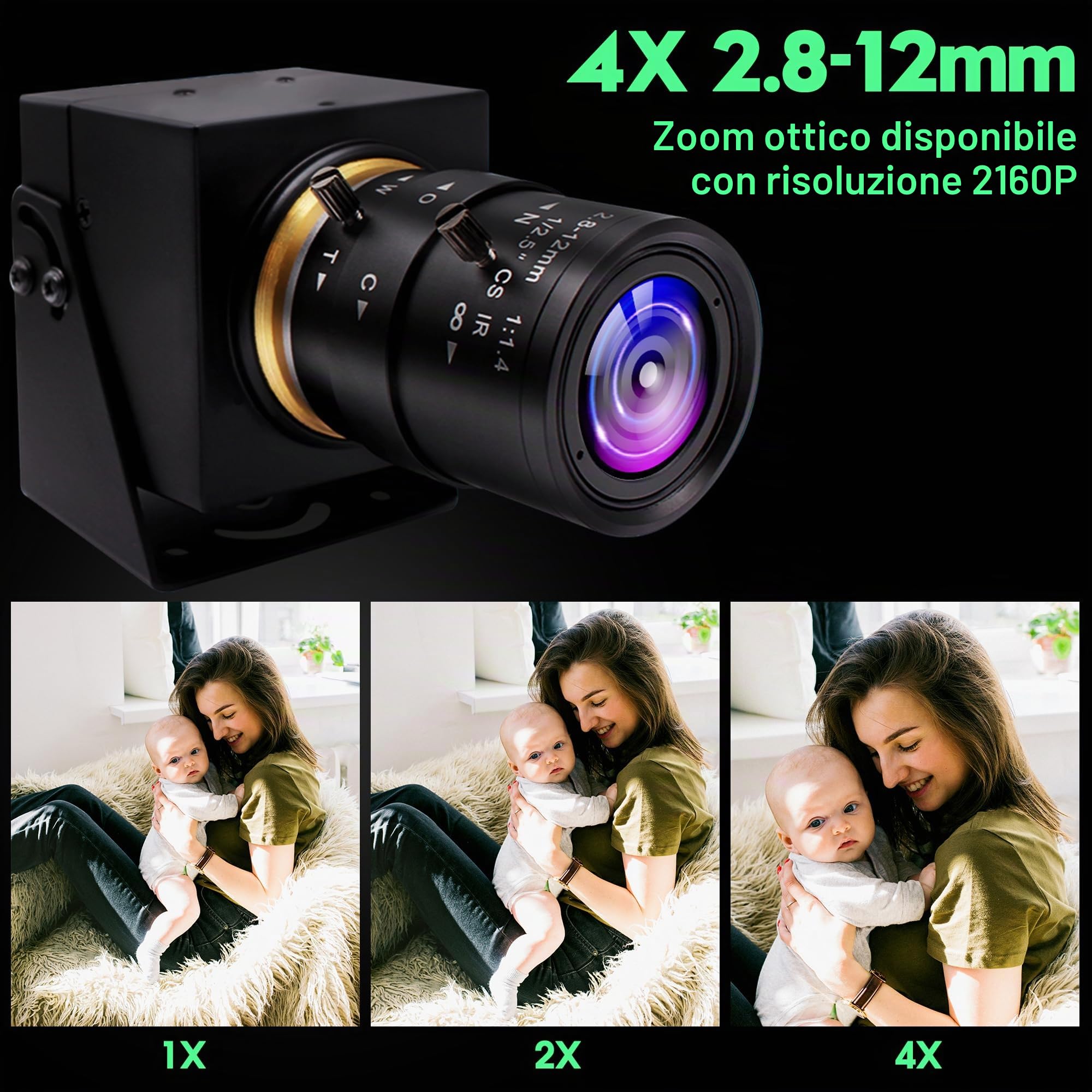 ELP ELP 4K HDMI USB Fotocamera Grandangolo 2.8-12mm Obiettivo varifocale Webcam Fotocamera ravvicinata Supporto H.265, Webcam Ultra HD 2160P con sensore IM415 per riunioni in streaming live su compute