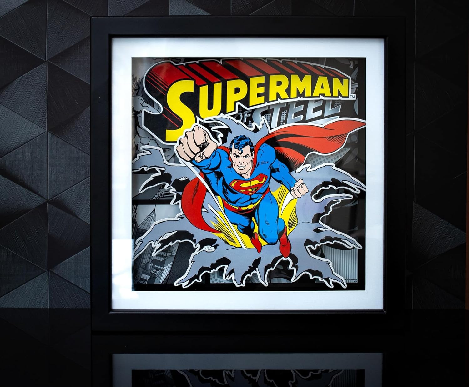 DC Comics Superman Man of Steel Wood Frame 3D Shadow Box Wall Art with Glass | 15 x 15 Inches