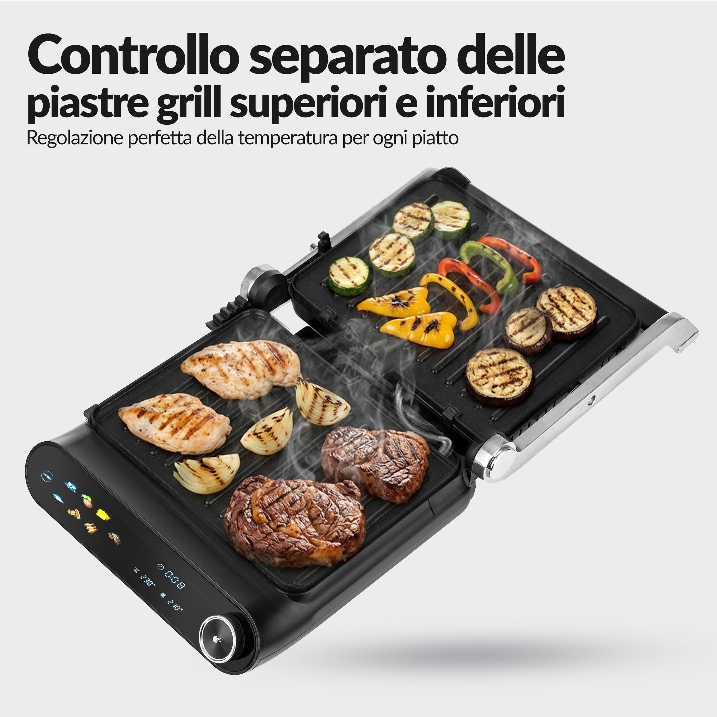 LEHMANN Bistecchiera Elettrica, 2000 W, Apertura 180°, Piastre Antiaderenti Rimovibili, 10 Programmi, Regolazione Temperatura 90-230°C, Timer 1-240 min, Griglia per Cucinare Carne, Pesce e Verdure