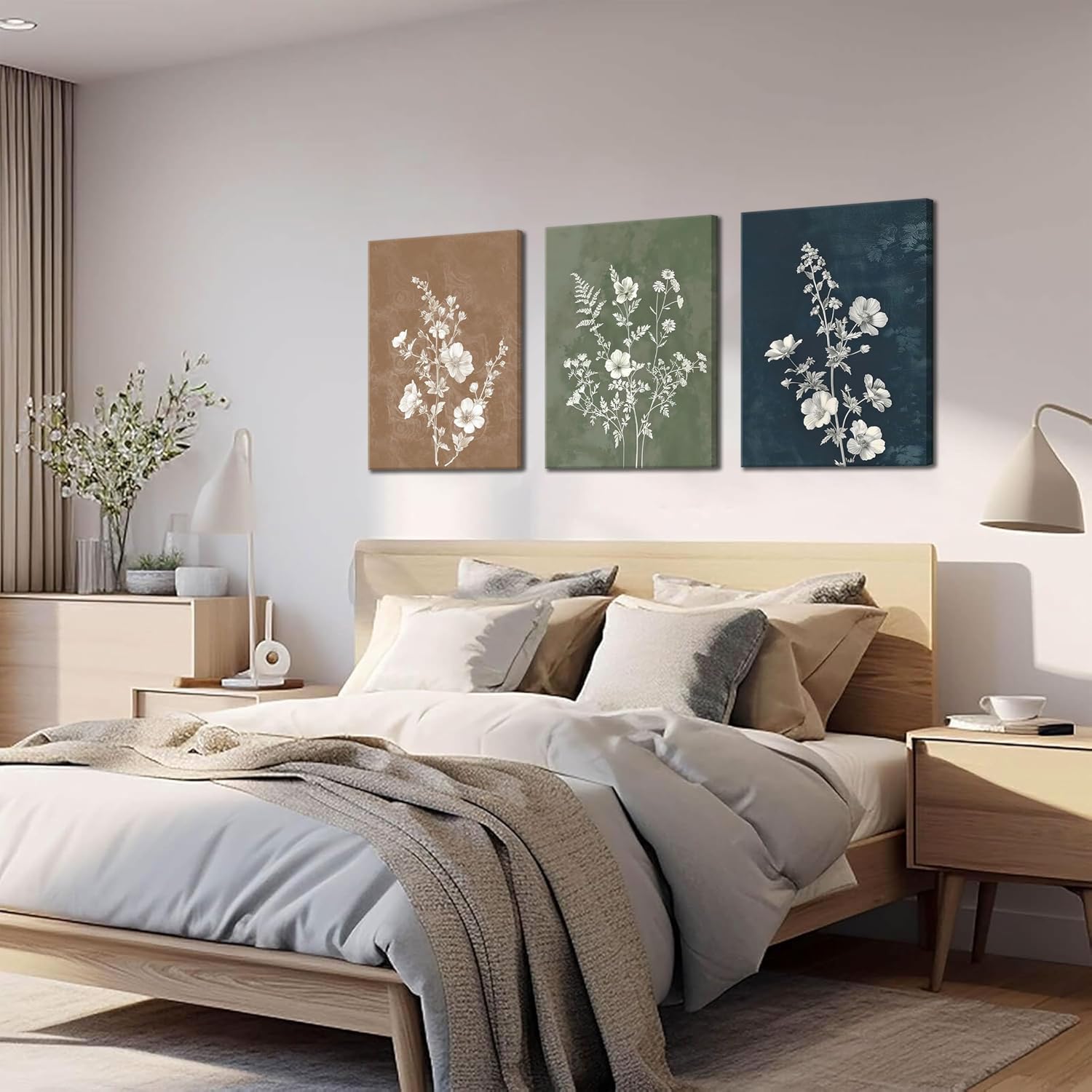 Framed Boho Canvas Wall Art Set of 3, Minimalist Botanical Picture Wall Decor Painting, Vintage Floral Rustic Farmhouse Posters Prints for Living Room Bedroom Bathroom Home Decor 12x16In