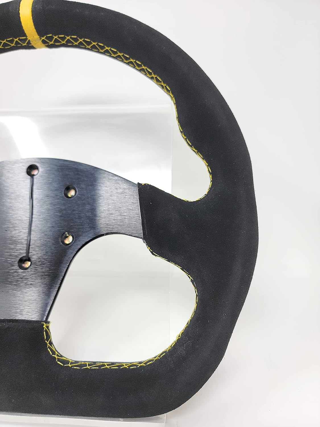 12.5" D-Shaped Steering Wheel Race Style Black Suede Leather with yellow stitch no horn