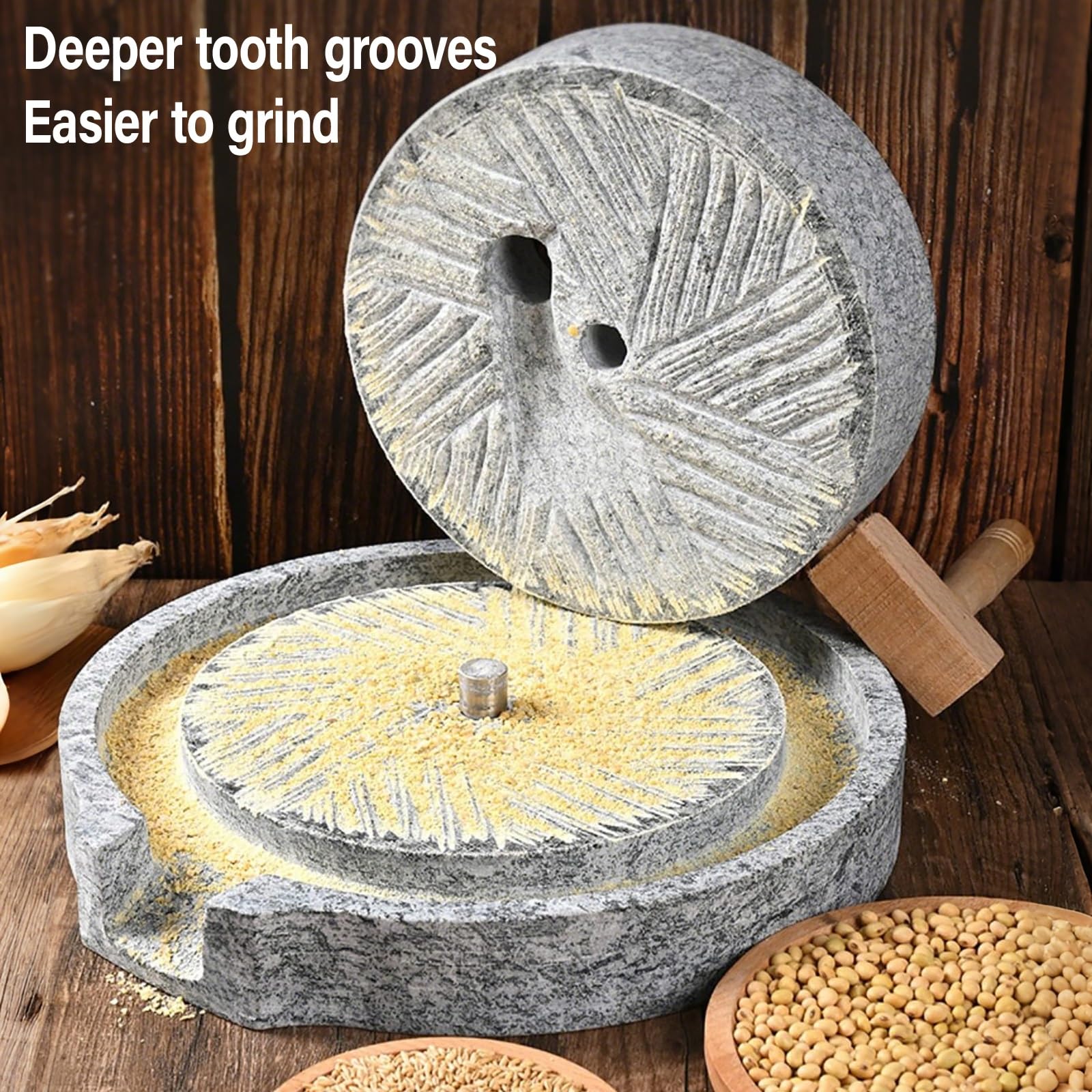 Stein Getreidemühle Handkurbel Grinder für Mehl, Weizen, Reis und Erdnüsse Naturstein mit Holzständer Haushalt Küchenwerkzeug