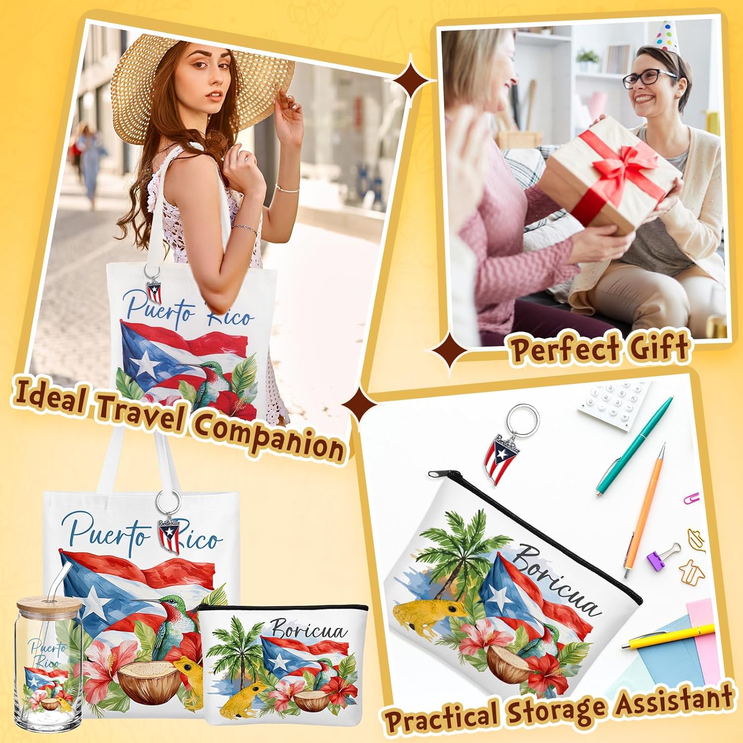 Chuangdi 4 Pcs Puerto Rico Souvenirs Gifts Set Beach Canvas Bag Cosmetic Bag 16 oz Tumbler and Keychain PR City Travel for Traveler Friend Lover Sister Gifts