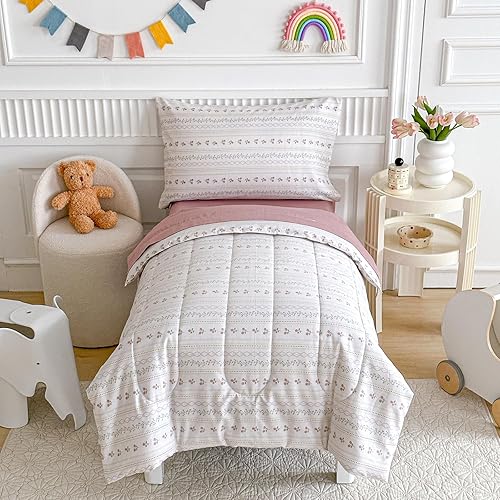 Miniatura 4 de Joyreap Juego de ropa de cama de algodón de 4 piezas para niñas pequeñas, diseño bohemio de rayas florales, juego de edredón de algodón suave y