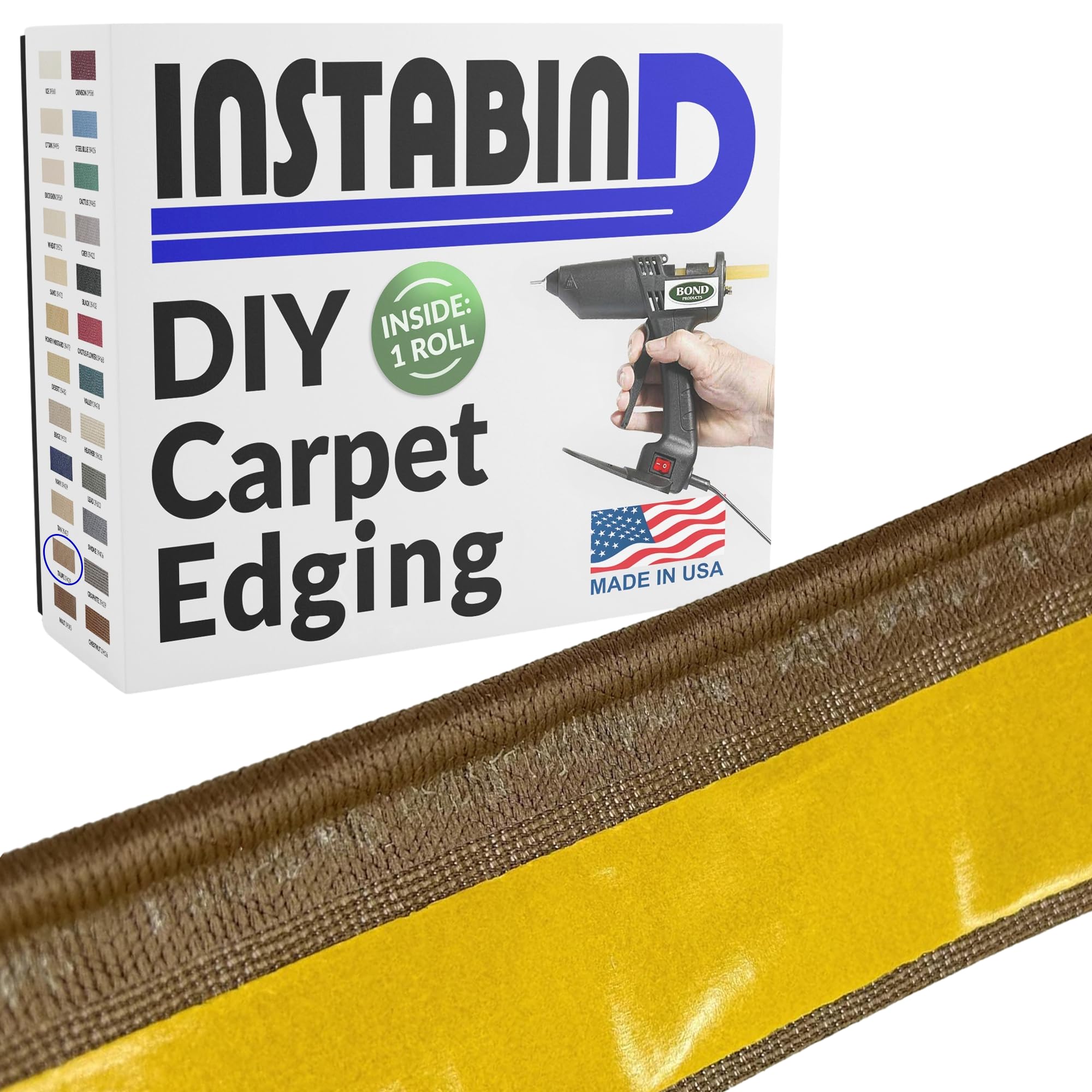 Instabind 54 ft Roll Premium Carpet Edge Binding – Regular Style Carpet Edge Trim - Do-It-Yourself Glue On Rug Edging - Durable & Easy Finishing for Rug Edges - USA Made Flooring Products, Taupe