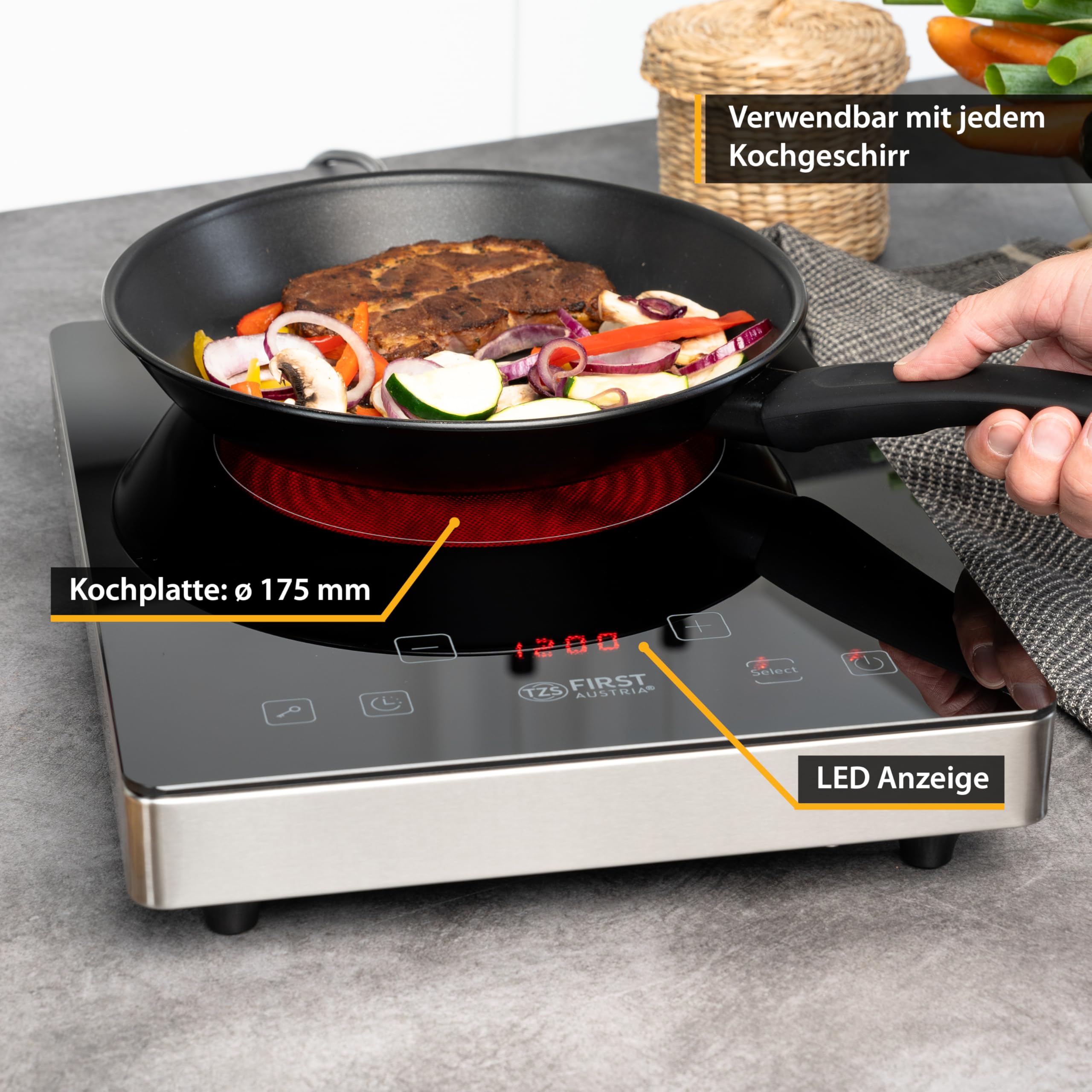 TZS First Austria Infrarot Einzelkochplatte 2000W - tragbare Glaskeramik Kochplatte mit Touch-Bedienfeld & LED Display - 175 mm - 8 Leistungsstufen - Timer, Kindersicherung, Überhitzungsschutz