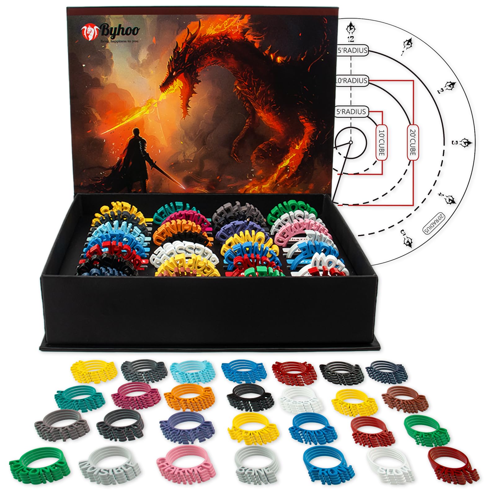 Byhoo Metal DND Condition Rings in 28 Markers with Spell Template, 112PCS DND Miniatures Status Effect Rings with Storage Box, D&D Pathfinder and More Tabletop RPG