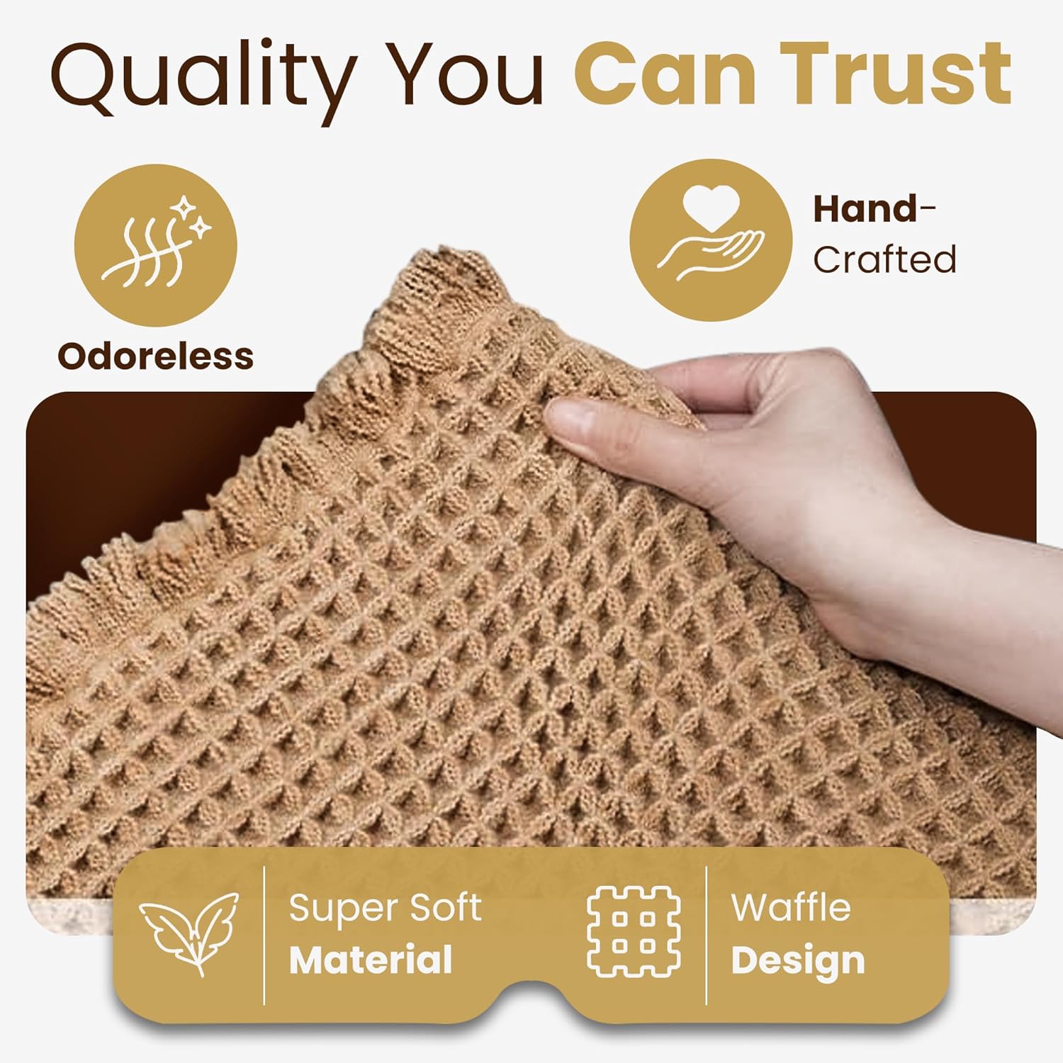 Waffle Knit Bath Mat Set of 2 – 17×24 & Large 24×48 Latte/Tan | Deluxe Dual Anti-Slip Backing + Extra Pad | Ultra-Absorbent Quick-Dry Waffle Bathroom Rug Boho Chic Decor | Laundry Bag Included