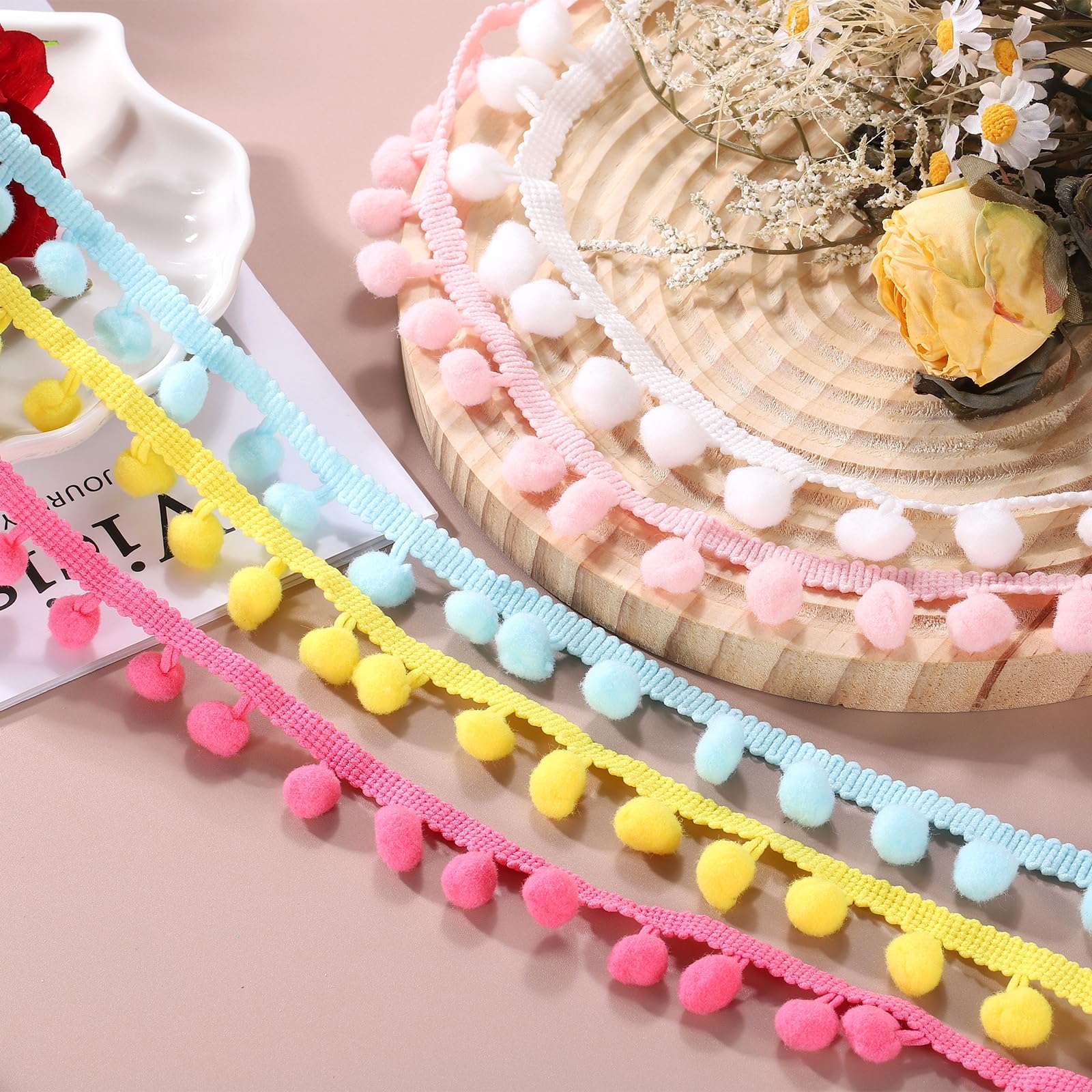 QUARKZMAN 25 Colori Finiture con Frange a Sfera Pom Pom, Accessorio Cucire Nastro 1 Iarde Artigianato Fai-Da-Te per Decorazione Tende Abbigliamento Cuscini (12mm