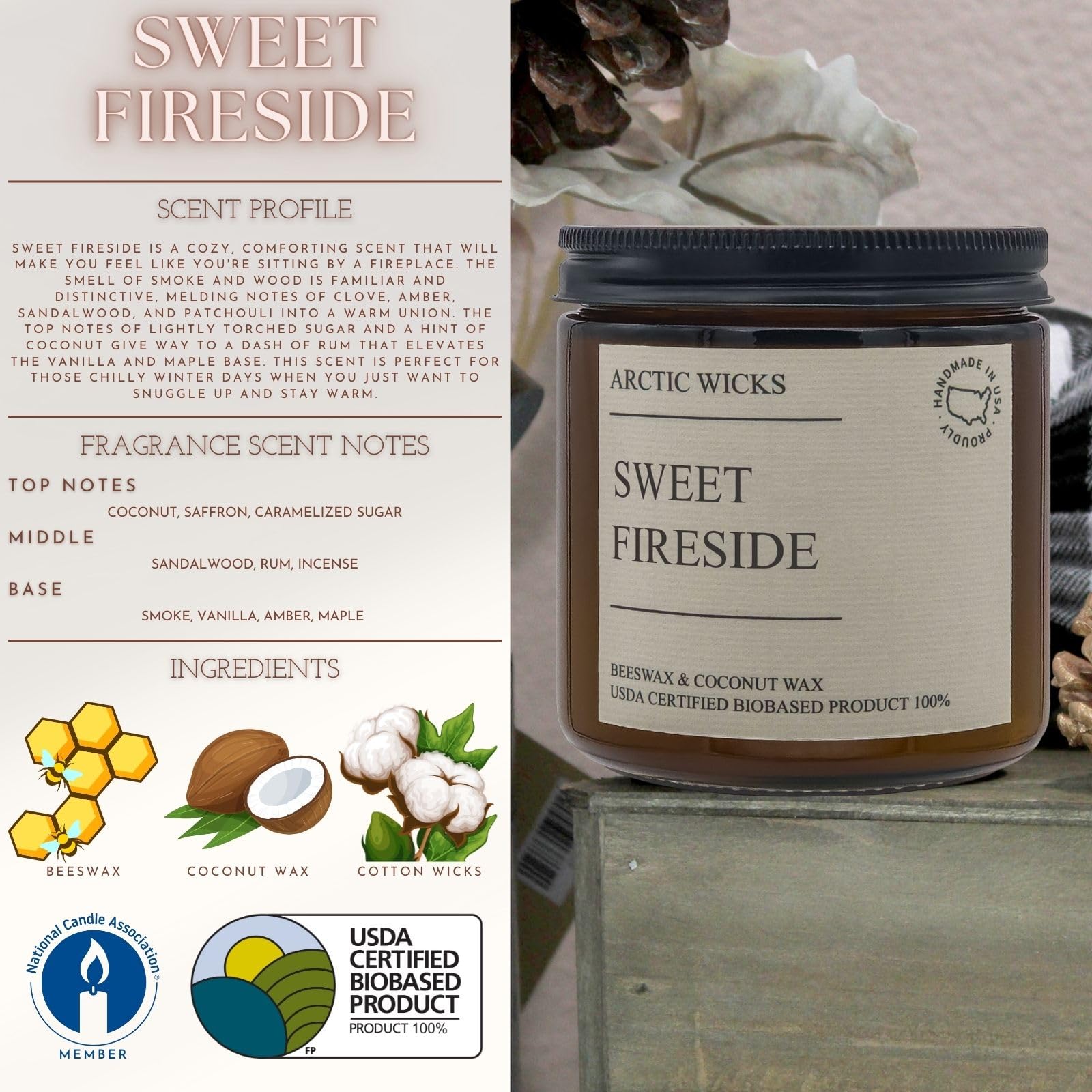 Vela Sweet Fireside | Arctic Wicks, velas de cera de coco y abejas de 16 onzas | Velas aromáticas dulces para fogata para otoño, invierno, vacaciones, regalos, no tóxicas, sostenibles | Certificado