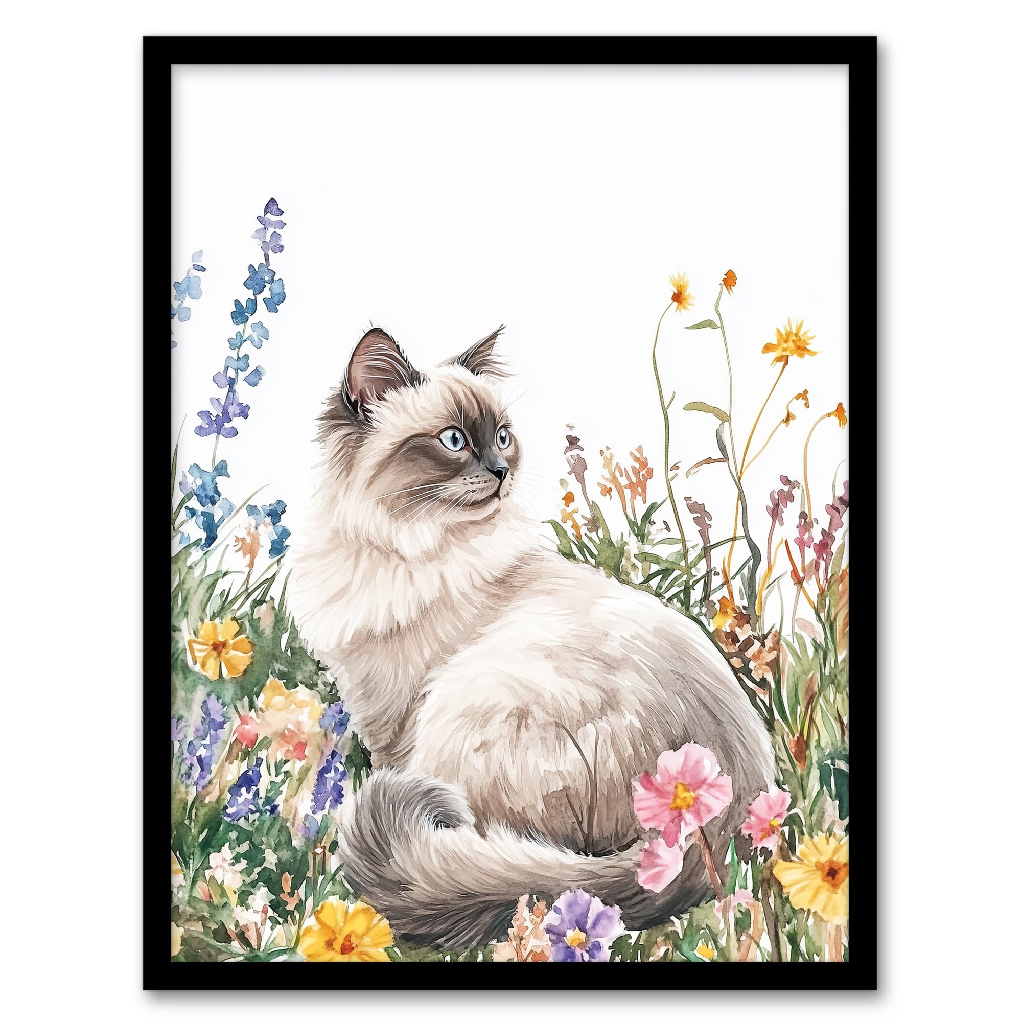 Artery8 Ragdoll Cat Lover Pet Wildflower Floral Portrait Living Room Artwork Framed Wall Art Print 18X24 Inch