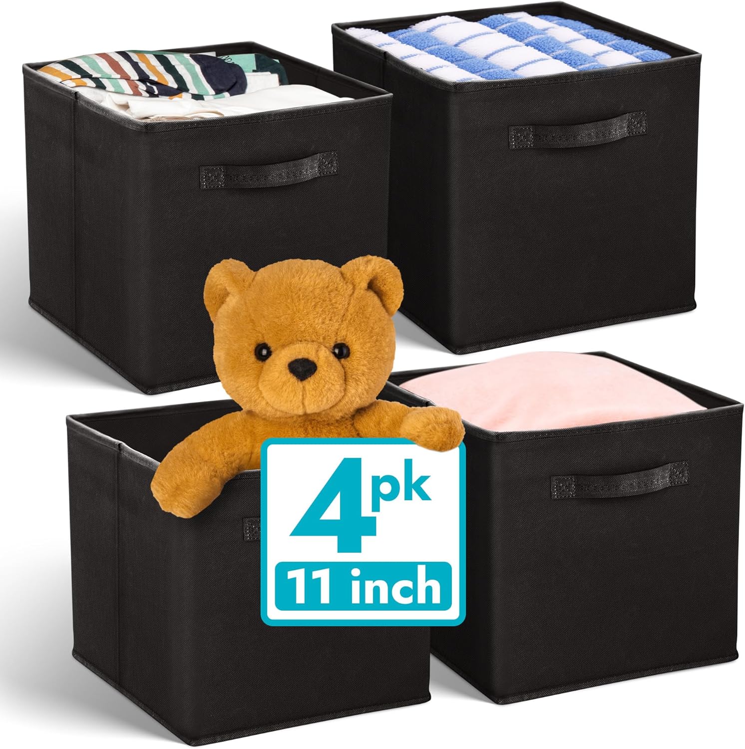 Reli. 11 Inch Cube Storage Bins (4 Pack) | Cube Organizer Bins | 11×11 Fabric Storage Boxes | Collapsible, Foldable Fabric Cubby Box (Square) | Kids Room Organization (Black) Reli. 11 Inch Cube Storage Bins (4 Pack) | Cube Organizer Bins | 11×11 Fabric Storage Boxes | Collapsible, Foldable Fabric Cubby Box (Square) | Kids Room Organization (Black)