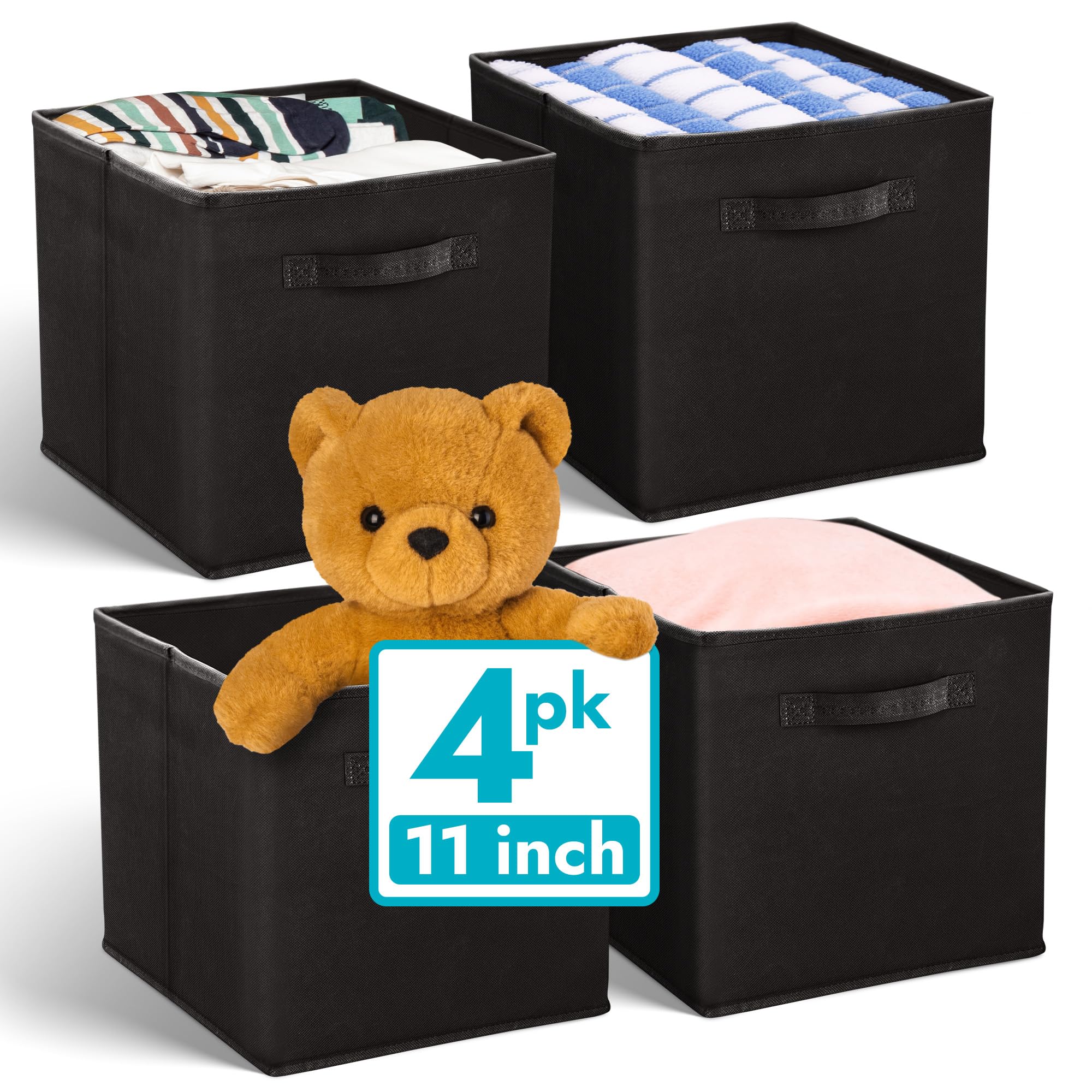Reli. 11 Inch Cube Storage Bins (4 Pack) | Cube Organizer Bins | 11x11 Fabric Storage Boxes | Collapsible, Foldable Fabric Cubby Box (Square) | Kids