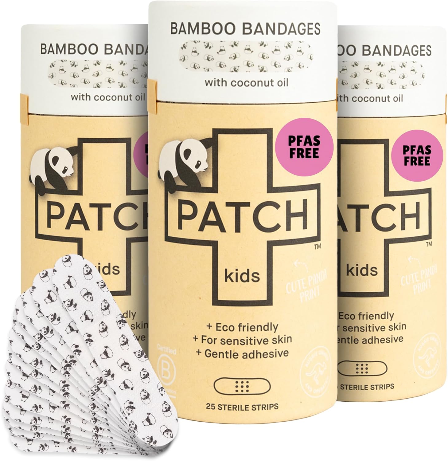 PATCH Eco-Friendly Bamboo Adhesive Sensitive Skin Bandages with Coconut Oil, Hypoallergenic Bandages for Sensitive Skin, Cute Kids Panda Print, Biodegradable, Plastic & Latex Free, 25 Count - 3pk