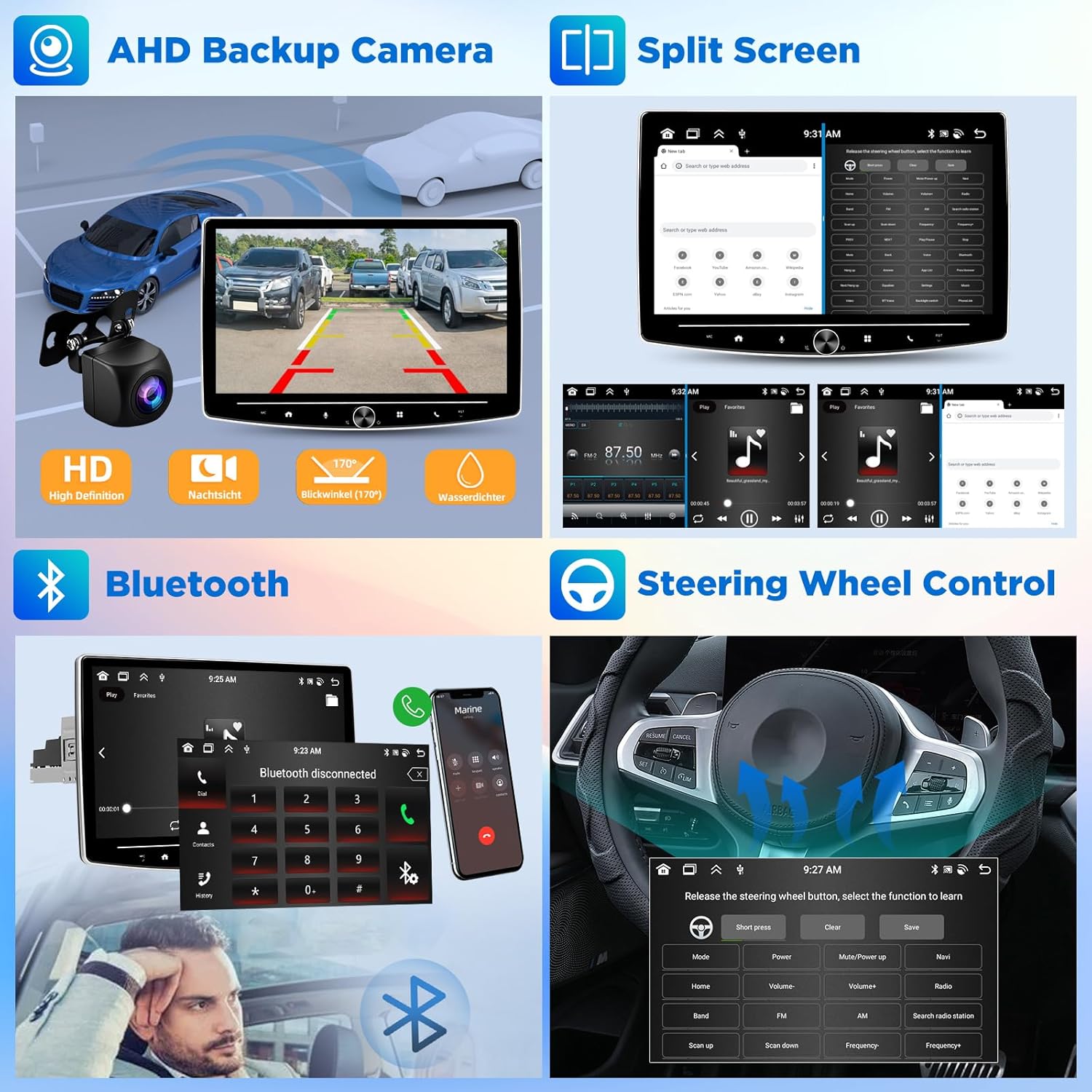 [4G+64G] 10 inch Android Single Din Car Stereo Rotatable 10.1 inch Touch Screen Carplay Radio with Wireless Car Play/Android Auto/Bluetooth//FM RDS/SWC/GPS + AHD Backup Camera