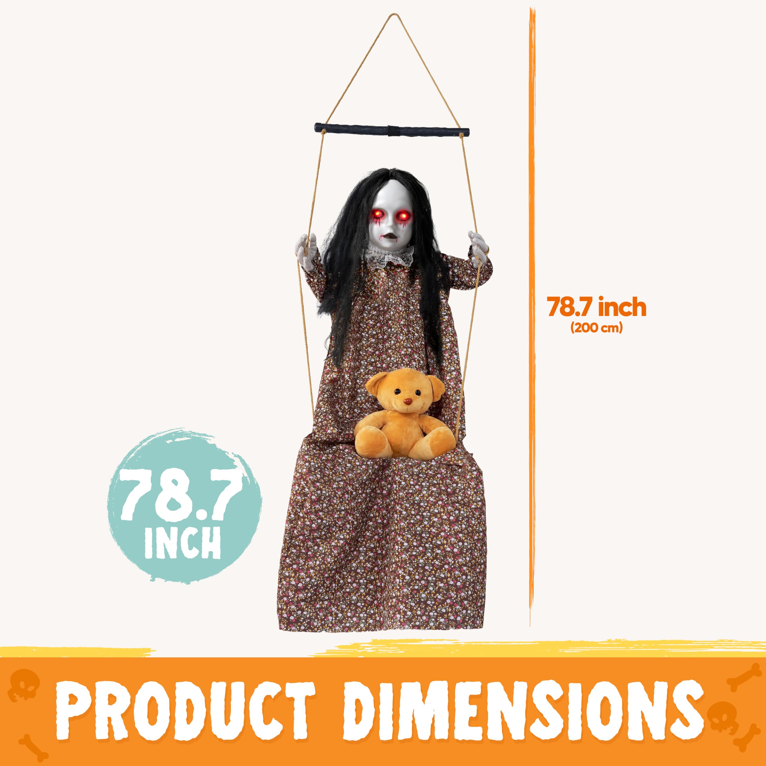 JOYIN Gruselige Halloween-Dekoration für draußen: Hängendes, schwingendes Mädchen, geräuschaktivierter Sensor, leuchtende Augen und gruseliger Gesichtsausdruck, hängende