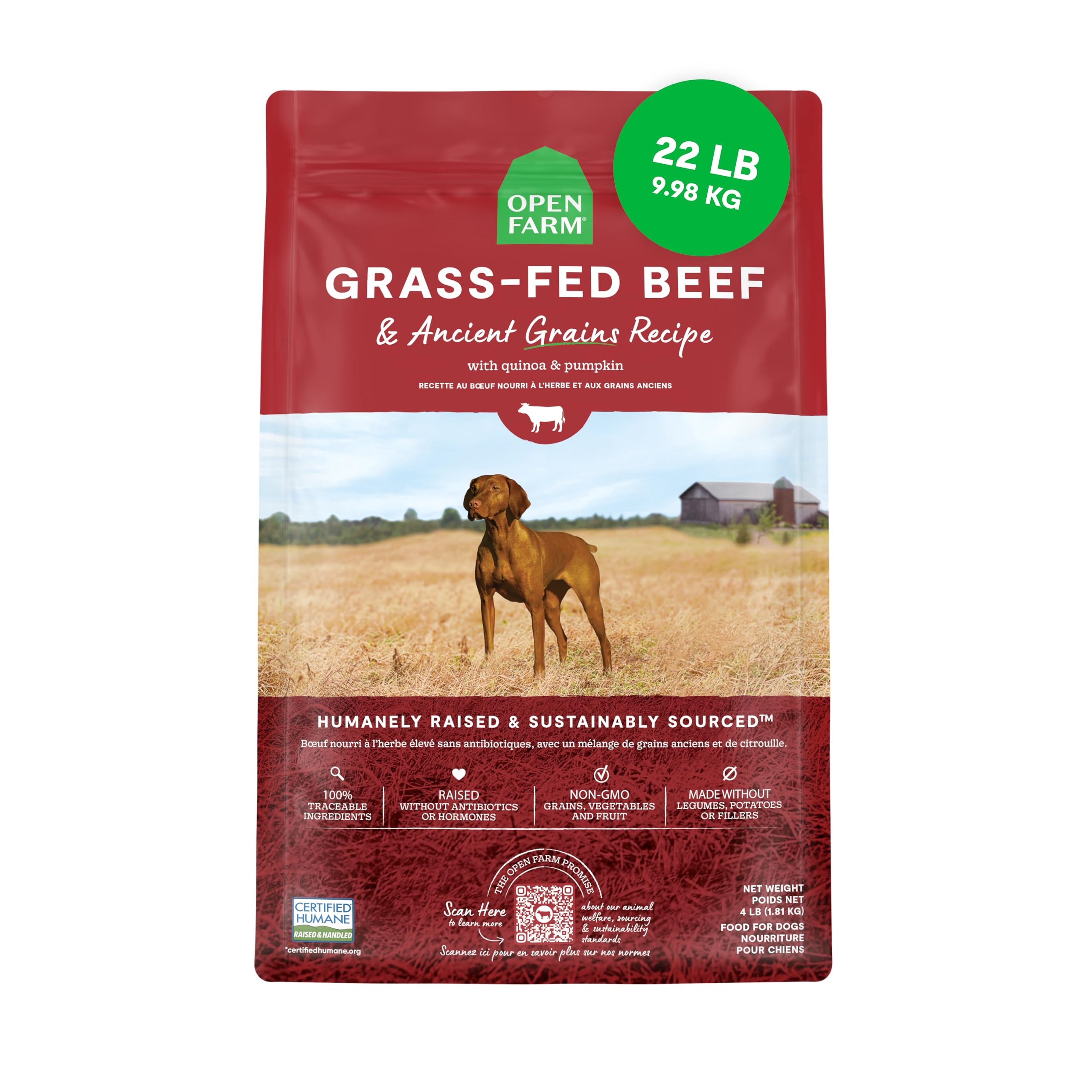 Open Farm, Ancient Grains Dry Dog Food, Protein-Rich & Nutrient Dense, 90% Animal Protein Mixed with Non-GMO Fruits, Veggies and Superfoods, Grass-Fed Beef Recipe, 22lb Bag