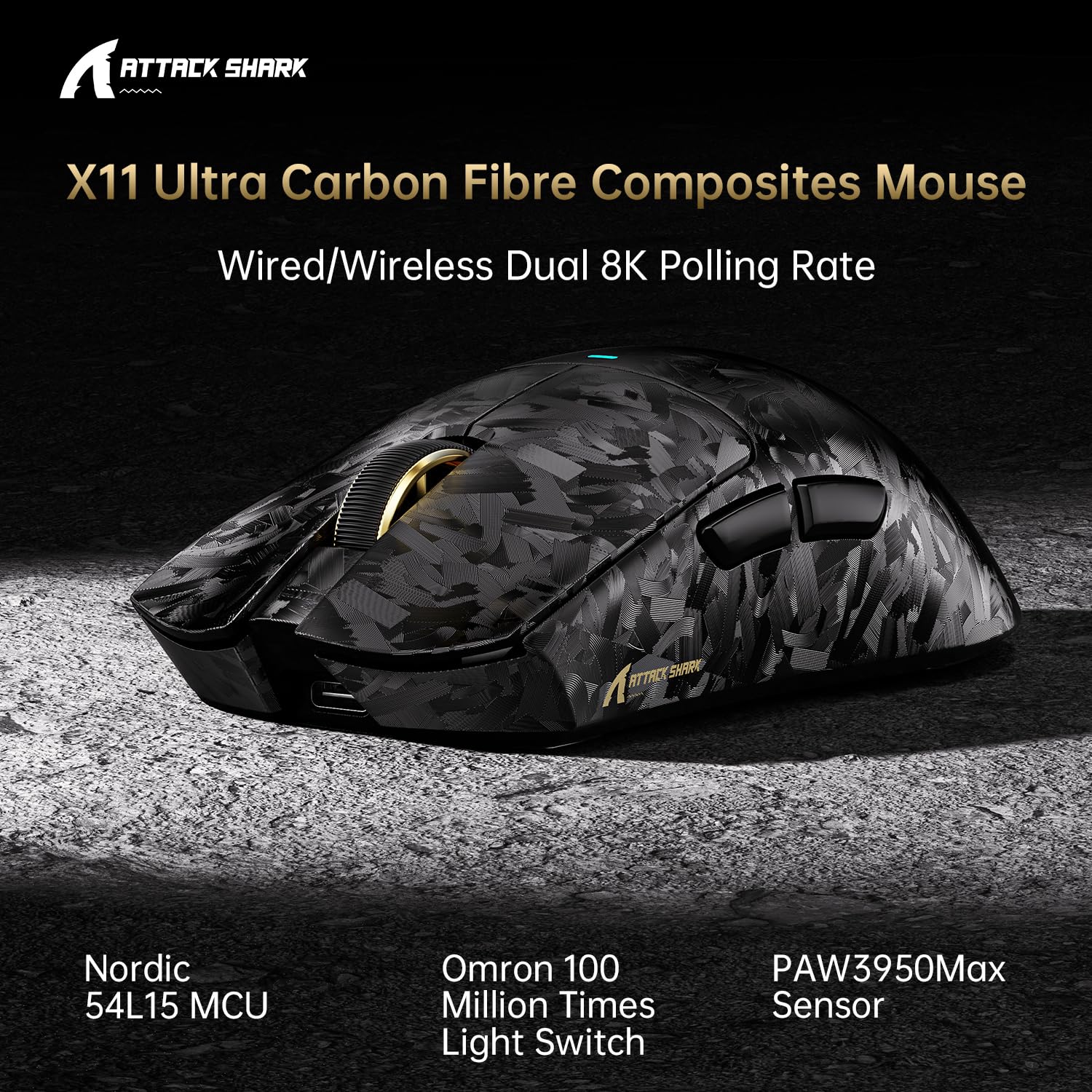 ATTACK SHARK X11 ULTRA Wireless Gaming Mouse, Ultra-Light 63g, 42K DPI, 8K Polling, Nordic Chip, Carbon Fiber, for Esports & Pro Gamers