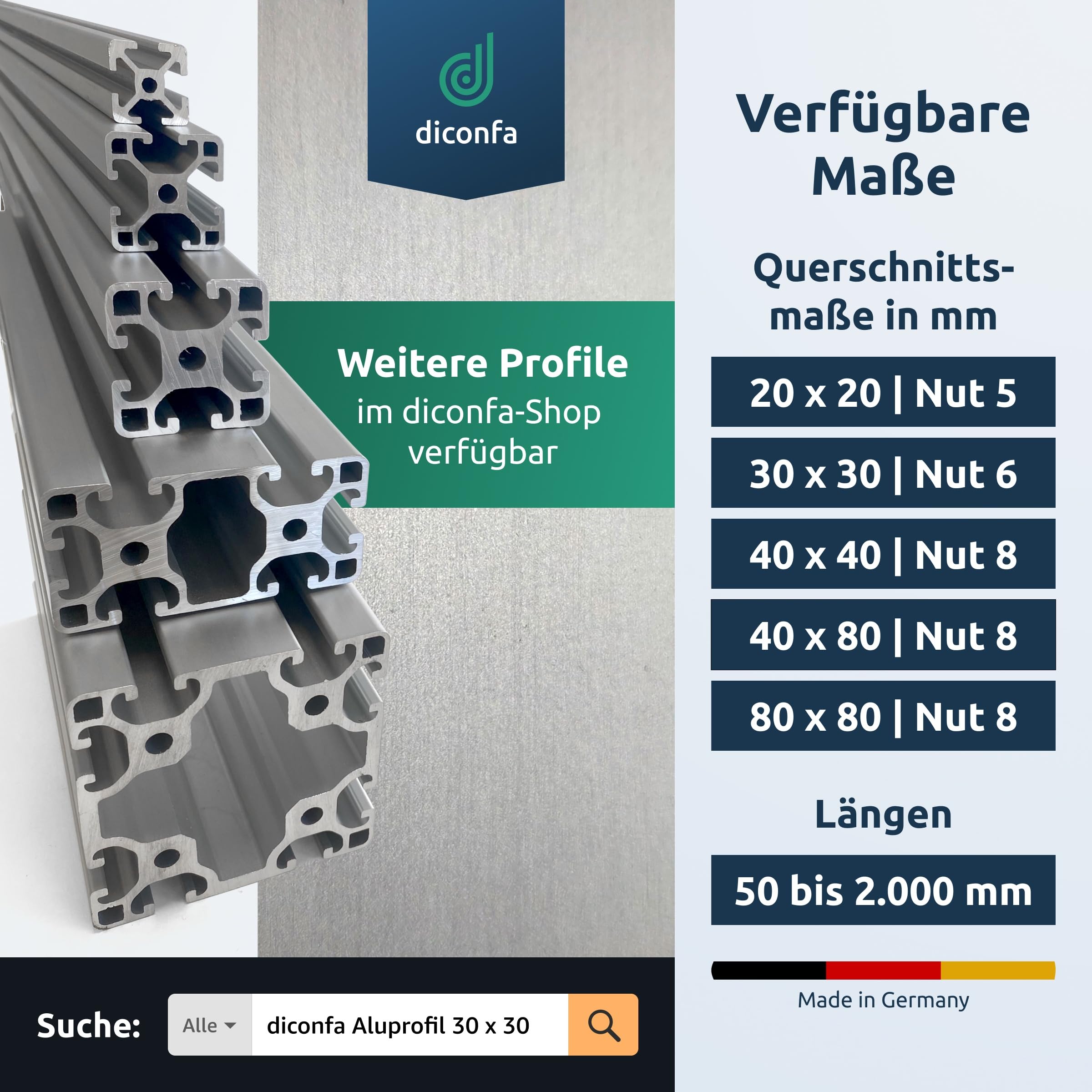 diconfa 40x40 Aluprofil Nut 8 WUNSCHLÄNGE (MM) + MENGE WÄHLEN - 6 Stück, 601mm bis 700mm lang T-Nut Schiene - 40x40mm Aluminiumprofil Systemprofil Aluminium Alu Profil kompatibel mit ITEM-Profil