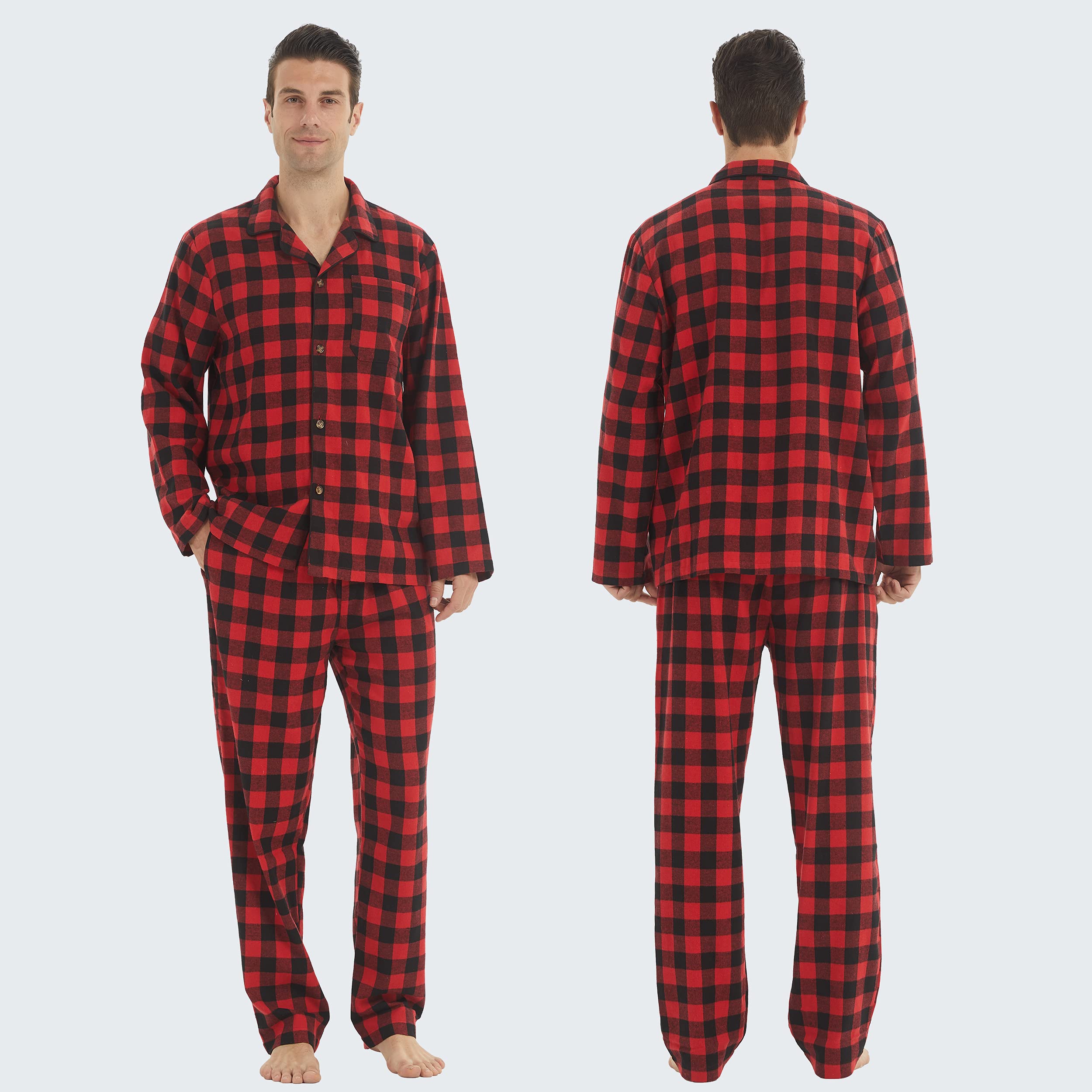 Conjunto de pijama de franela de algodón a cuadros para hombre, con botones, cálido, suave, ropa de dormir y pantalones de pijama con bolsillos