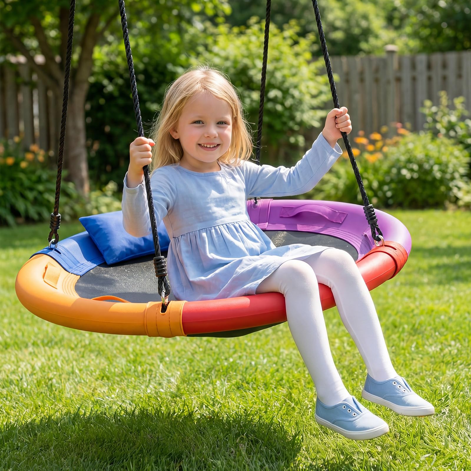 COSTWAY Altalena da Giardino per Bambini 120 cm, Sedia Sospesa Giardino con Telaio in Metallo, Poggiatesta Rimovibile, Lunghezza Regolabile, Portata 150 kg, per Cortile Giardino