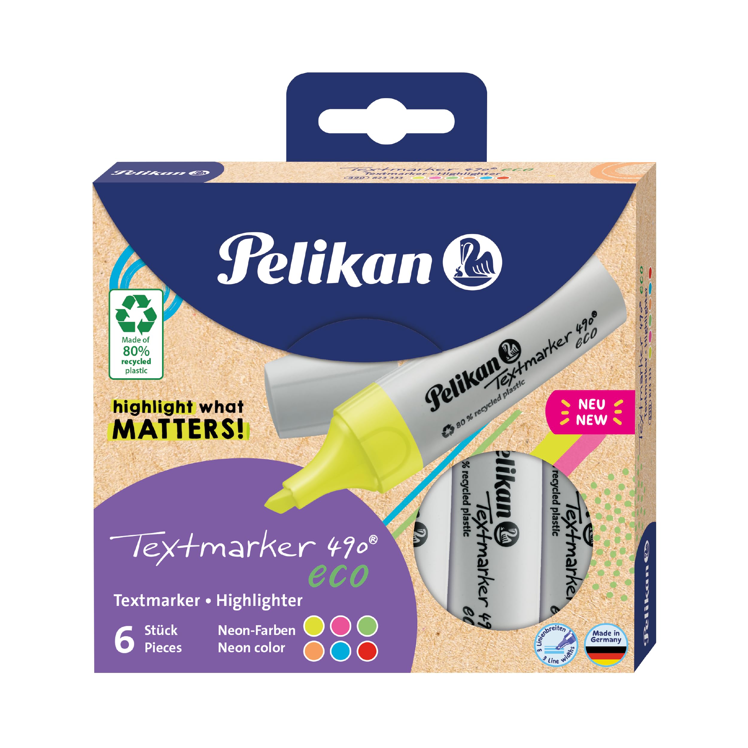 Pelikan Textmarker 490 Bright Highlighters with 80% Recycled materials - Pack of 6, 3-Width Tip, Water-Based Ink